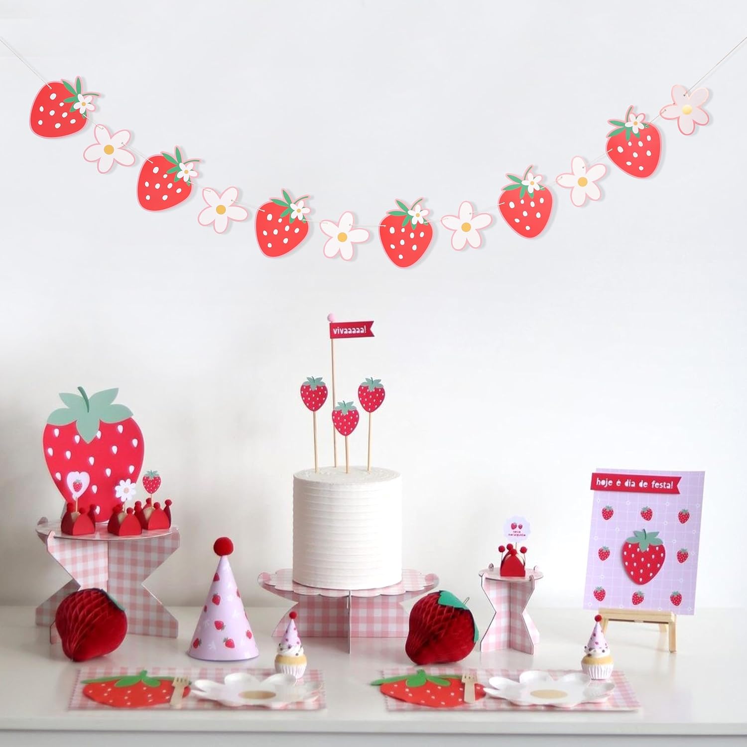 Strawberry and Daisy Banner - Berry Birthday Party Decorations, Strawberry Flower Bunting, Berry First Birthday Garland, Tropical Fruit Theme Baby Shower Wedding Party Supplies - Image 4