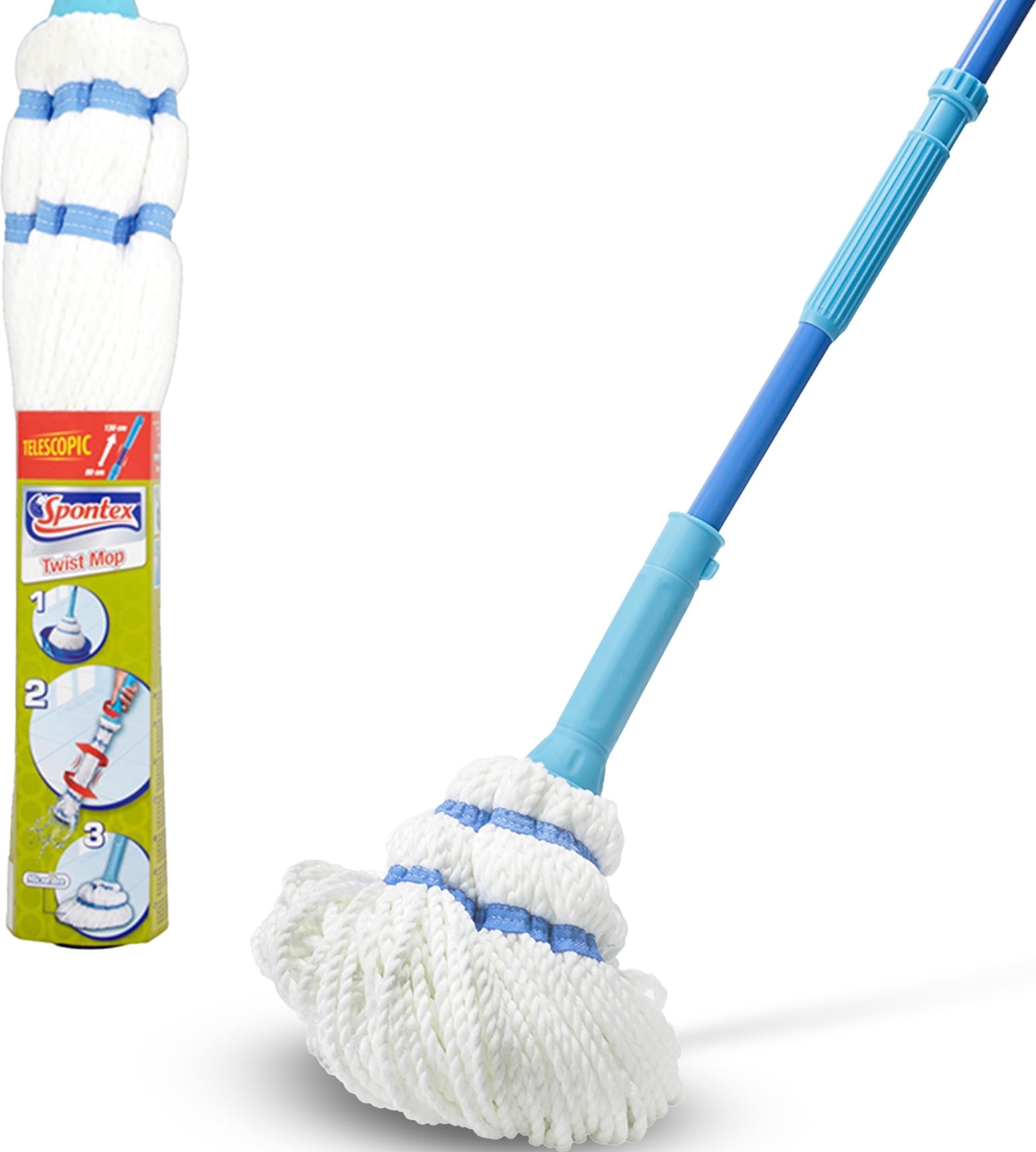 SPONTEX - Twist Mop - Balai à franges microfibre non rayant - Système d'essorage intégré - Manche télescopique ultra compact - 1 Balai