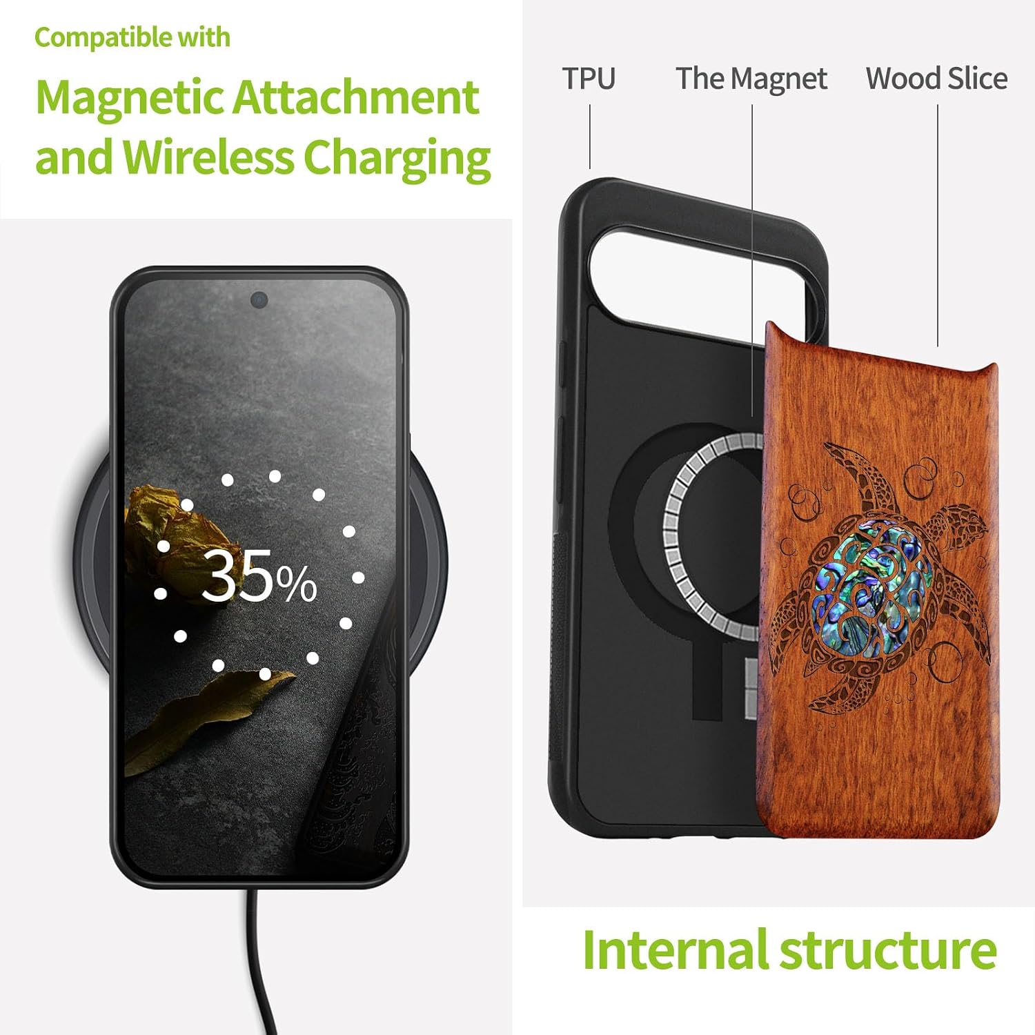 Carveit Magnetic Wooden Case for Google Pixel 9 Pro XL Case, Wood Artisan Engraved & Handmade Shell Inlaid, Compatible with MagSafe Wireless Chargers, Sea Turtle - Rosy