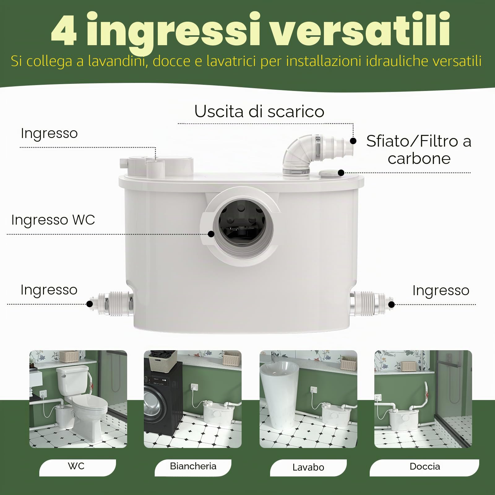 Pompa maceratrice, pompa tritureratrice per WC, con 4 ingressi per WC/cucina/lavandino/doccia da cantina, smaltimento acque reflue grigie, doppia deodorazione, motore in rame, 7 m/23 ft di prevalenza