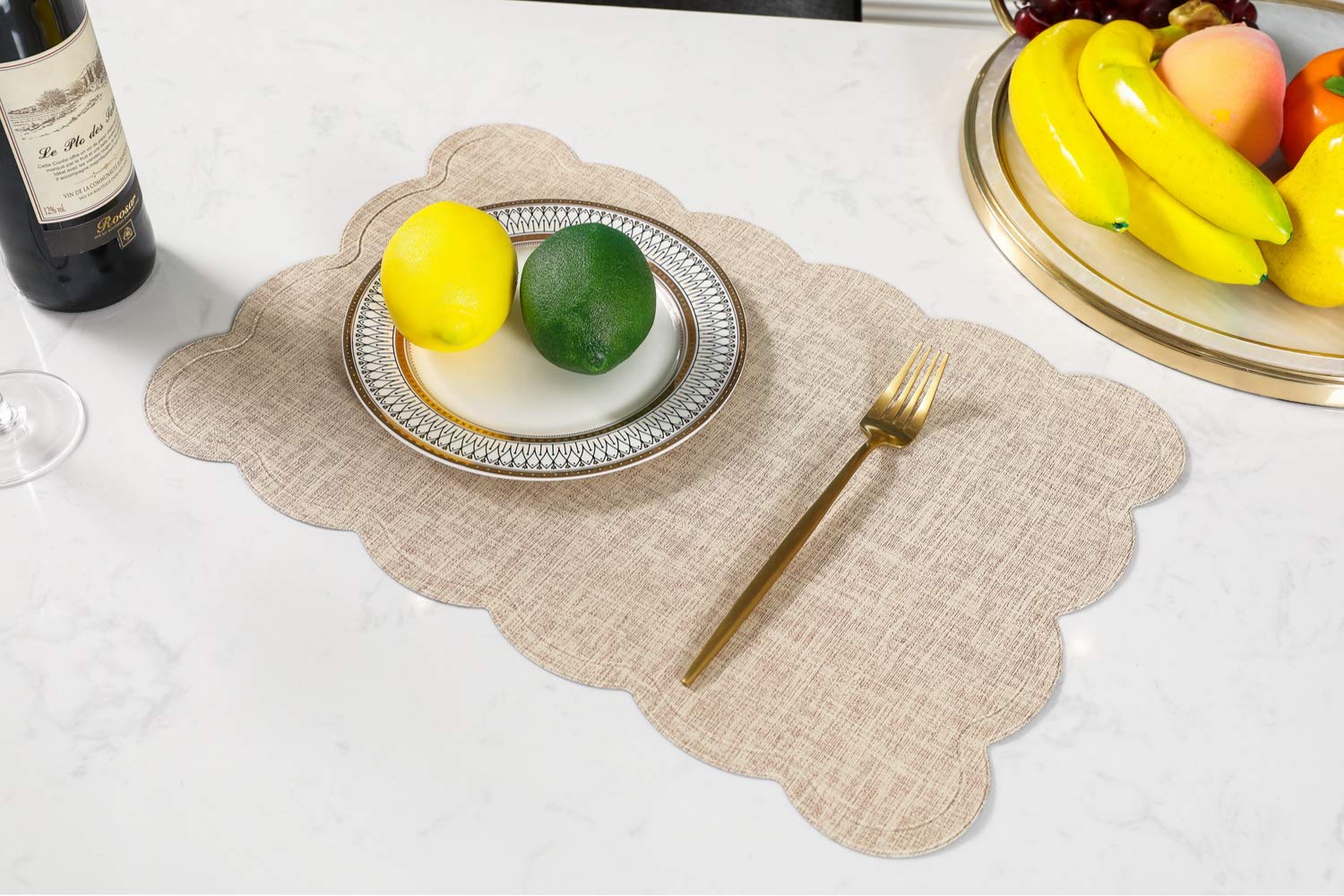 Table Mats (Set of 6),New PU Leather Waterproof Non-slip Insulation Table Mat Washable Quick Drying Decorative Place mat Coffee Cup Mat(Beige Wave)