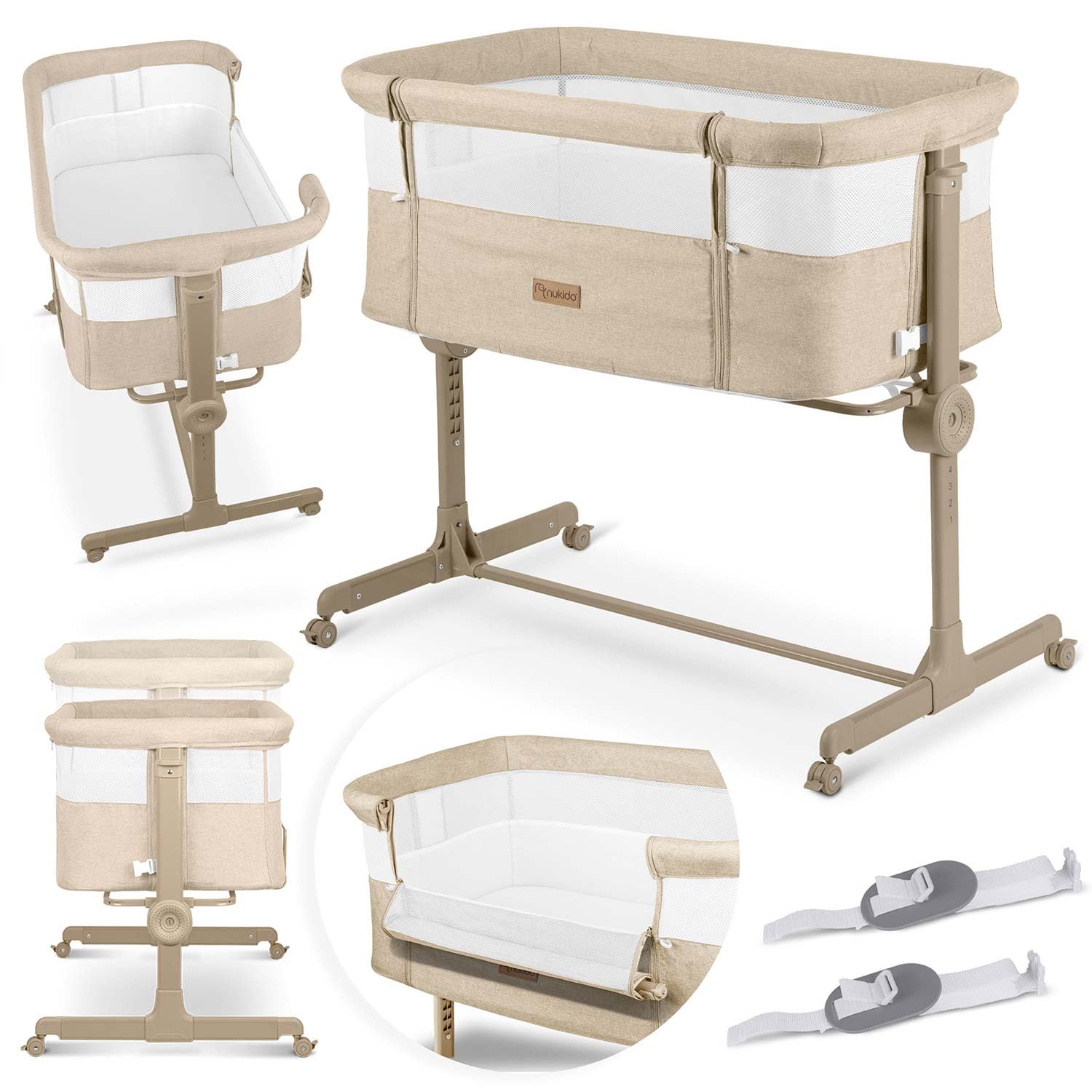 Nukido Babybett Beistellbett Reisebett - Bis 9 kg 5 Monate - Mit Matratze - Klappbar - Auf Rollen - Höhenverstellbar - Beige