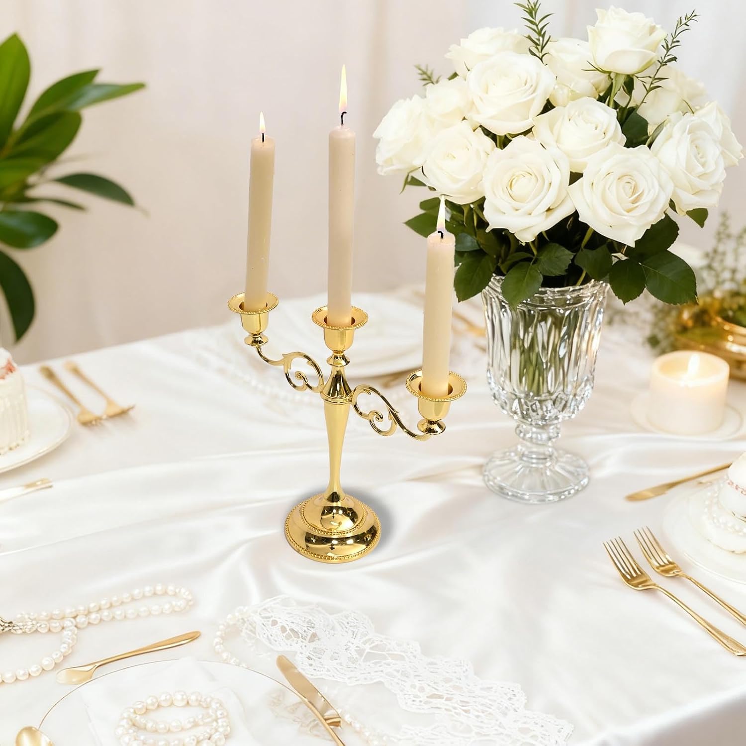 Gold 3 Arm Candelabra Candlestick 10.2 Inch Metal Candle Holders Polished Finish Taper Candle Holder Stand for Dining Tables Home Decor Wedding Church Christmas Holiday Party