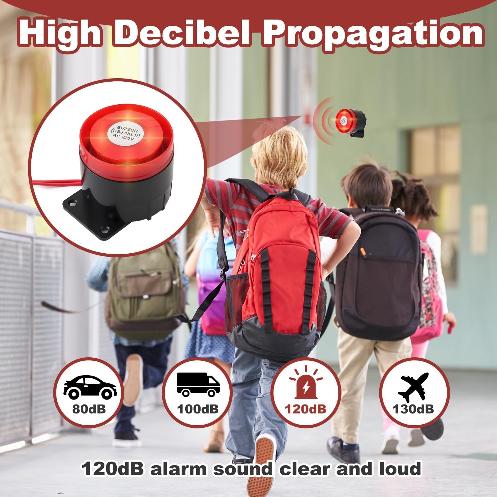 Sirena Alarma Exterior 220V 120dB, Sirena de Bocina Sistema Antirrobo de Alarma Impermeable con Alerta de Sonido y Luminosa, Intermitente Doméstica con Decibelios Altos Rojo Estroboscópico