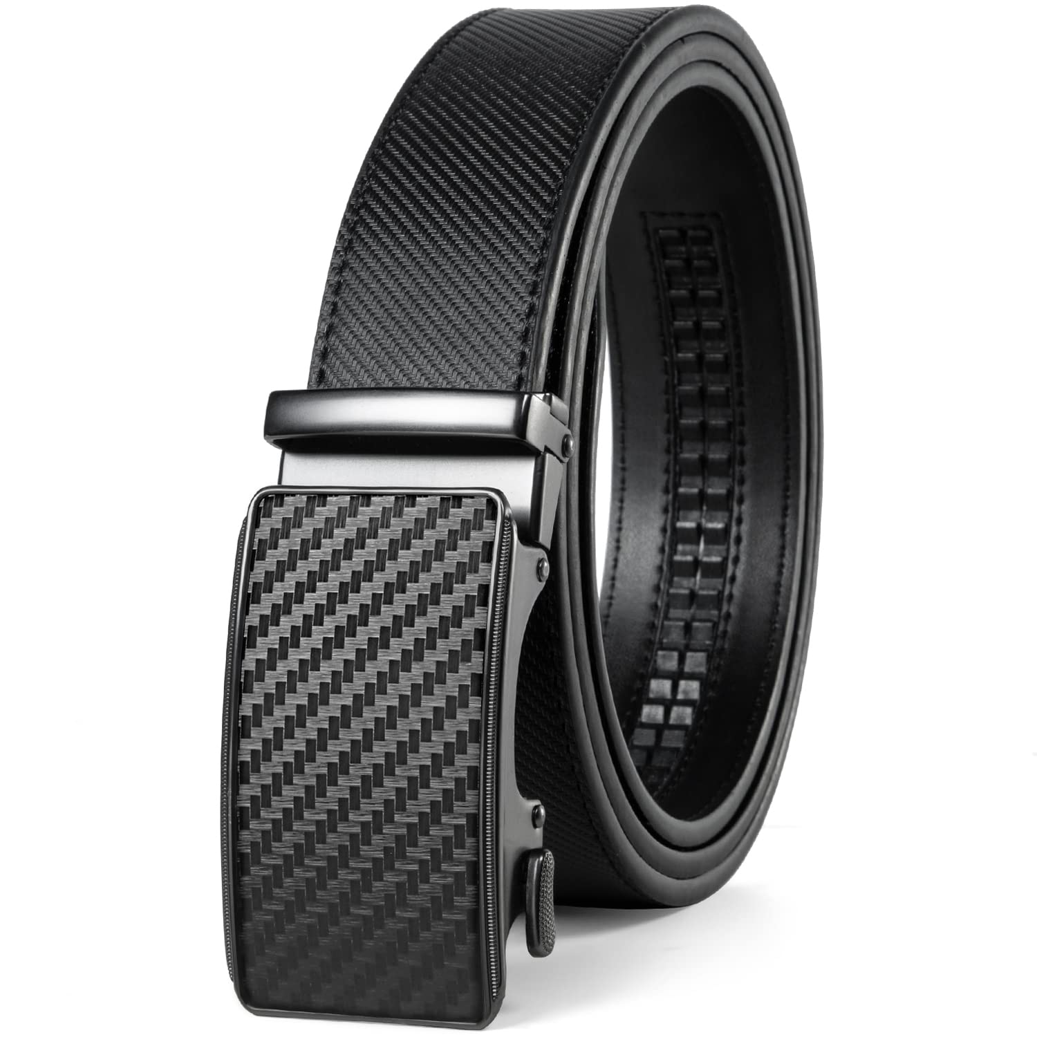 Drowsmen Leather ratchet belt 1 3/8" with Click Sliding Automatic Buckle, Adjustable belt Trim to Fit