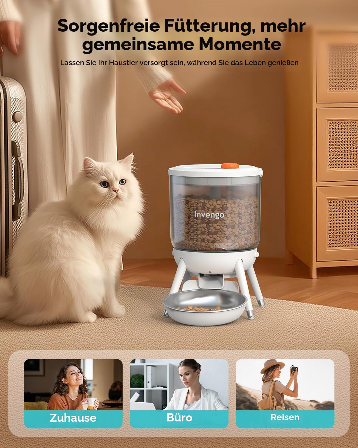 Invengo Katzenfutter Automat, Futterautomat Katze mit Zeitsteuerung, 3L Trichter, Doppelstromversorgung, Trockenfutter Automat für Katzen & Hunde, Katzen Futterautomat, Schwarz (Weiß)