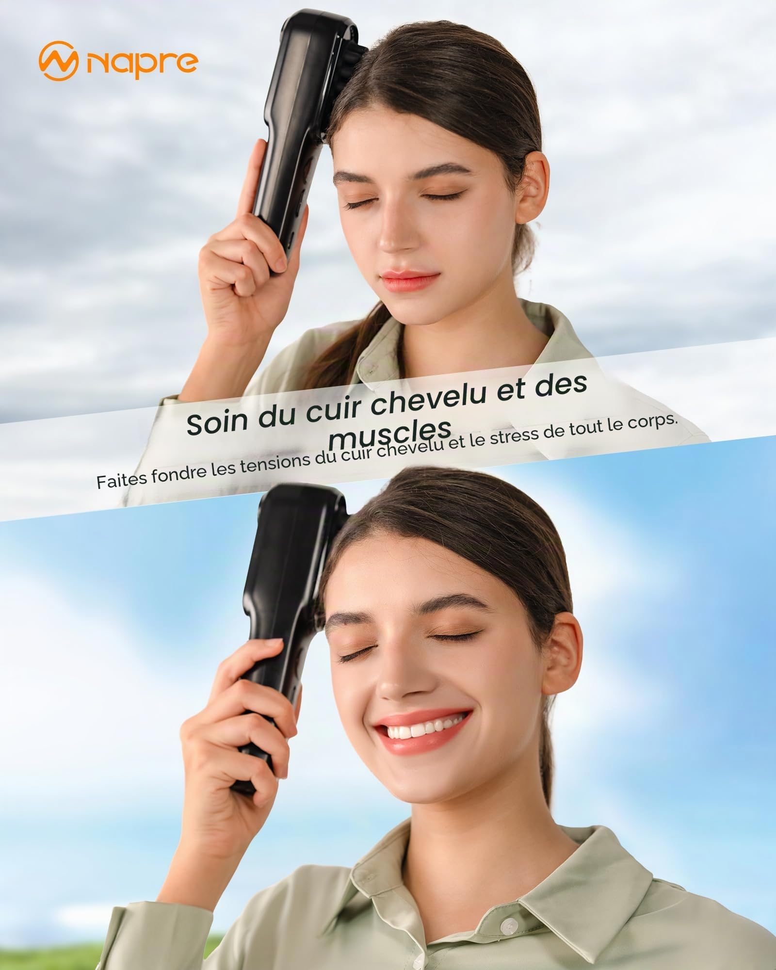 Massageur de cuir chevelu - 2400 RPM vibrations latérales et thérapie par lumière rouge pour le cuir chevelu, le visage et le cou, 50 perles LED, 5 niveaux de vitesse, portable avec station de charge