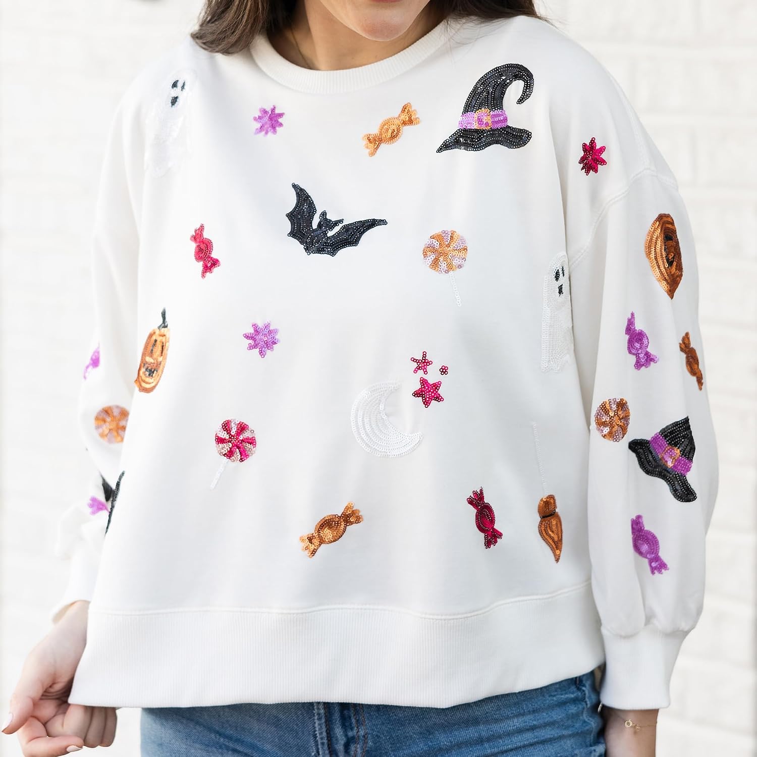 Mary Square Shelby Halloween Fall Womens Soft Polyester Blend Crew Neck Sweatshirt