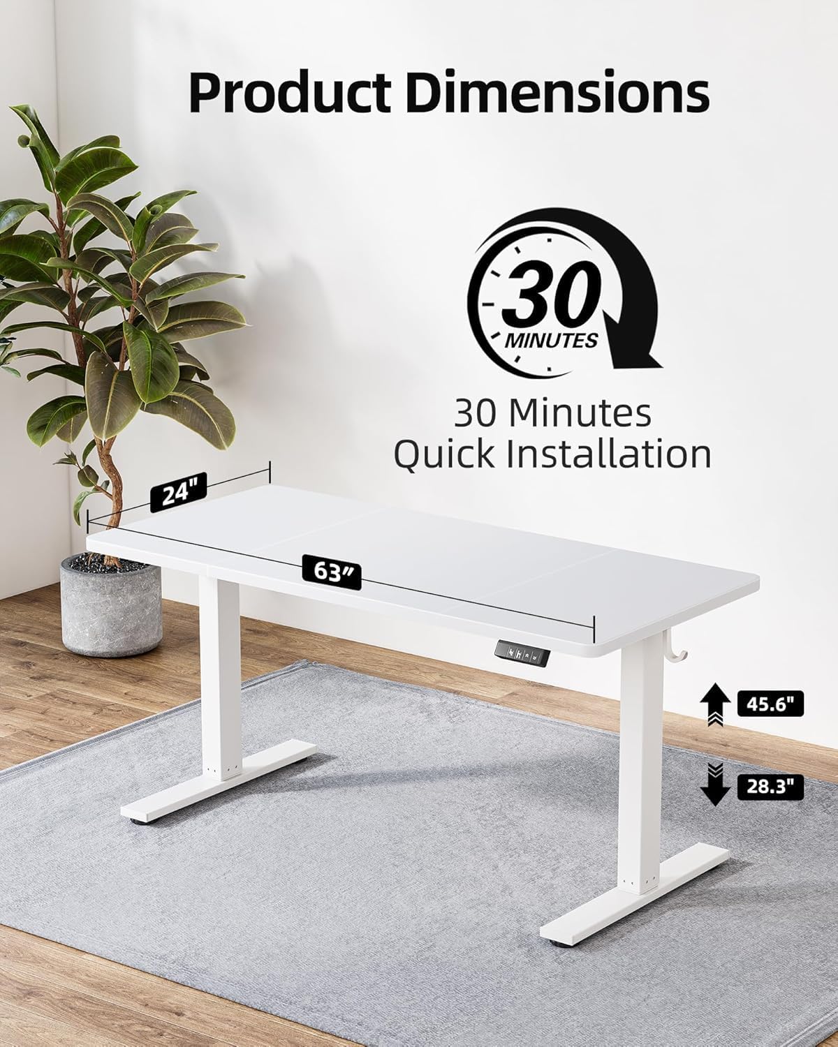 TIQLAB 63 x 24 Inch Electric Standing Desk, Sit to Stand Up, Work Home Office Table for Study, Writing, and Games, Splice Board, White
