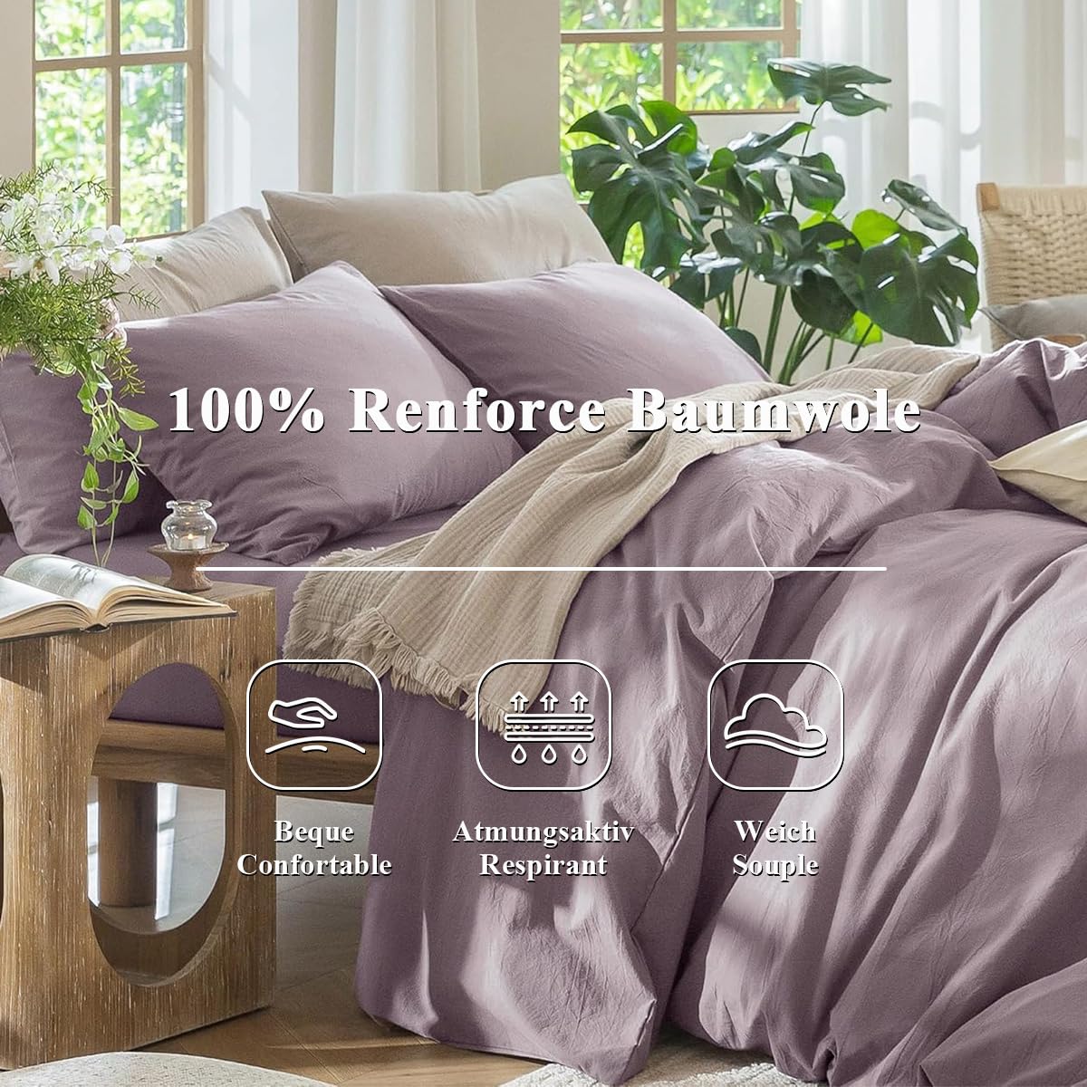 Lanqinglv Pościel 220 x 240 cm, bawełna, zestaw pościeli Taro Purple z motywem Stone Washed, 1 poszwa na kołdrę 220 x 240 cm i 2 poszewki na poduszkę 80 x 80 cm, pościel z zamkiem błyskawicznym