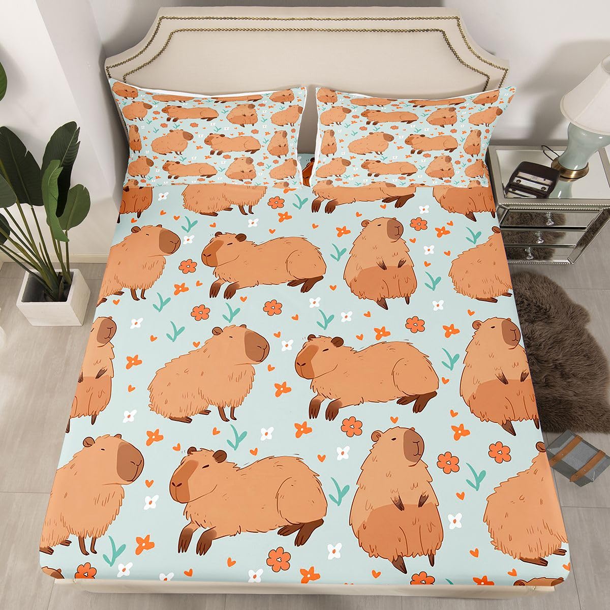 Capybara Fitted Sheet Twin Size Kids Capybara Animals Lovers Bedding Set for Boys Teens Flroal Print Bed Sheet Set Botanical Flowers Blue Brown Bed Cover Deep Pocket Room Decor-image-1