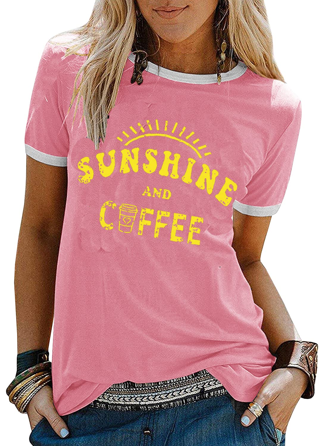YEXIPOWomens Sunshine and Coffee T-Shirts Graphic Tees Summer Casual Loose Crewneck Short Sleeve Tee Shirts Tops
