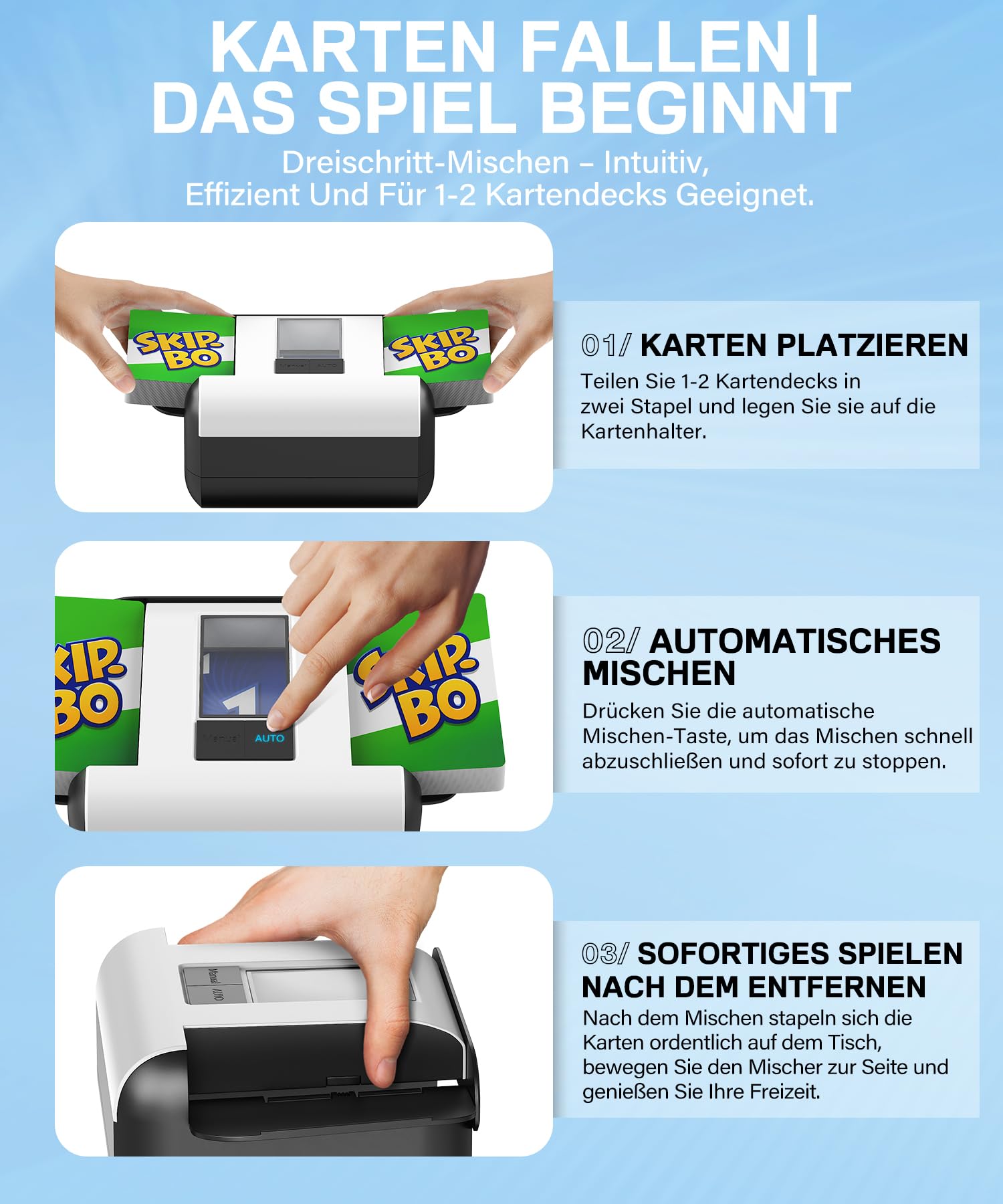 Kartenmischmaschine Elektrische - Automatischer Mischmaschine Karten, 2000mAh Wiederaufladbar| Geräuscharm, 2s Schnelles Mischen, Kartenmischgerät für Poker, UNO, Skip BO, Blackjack