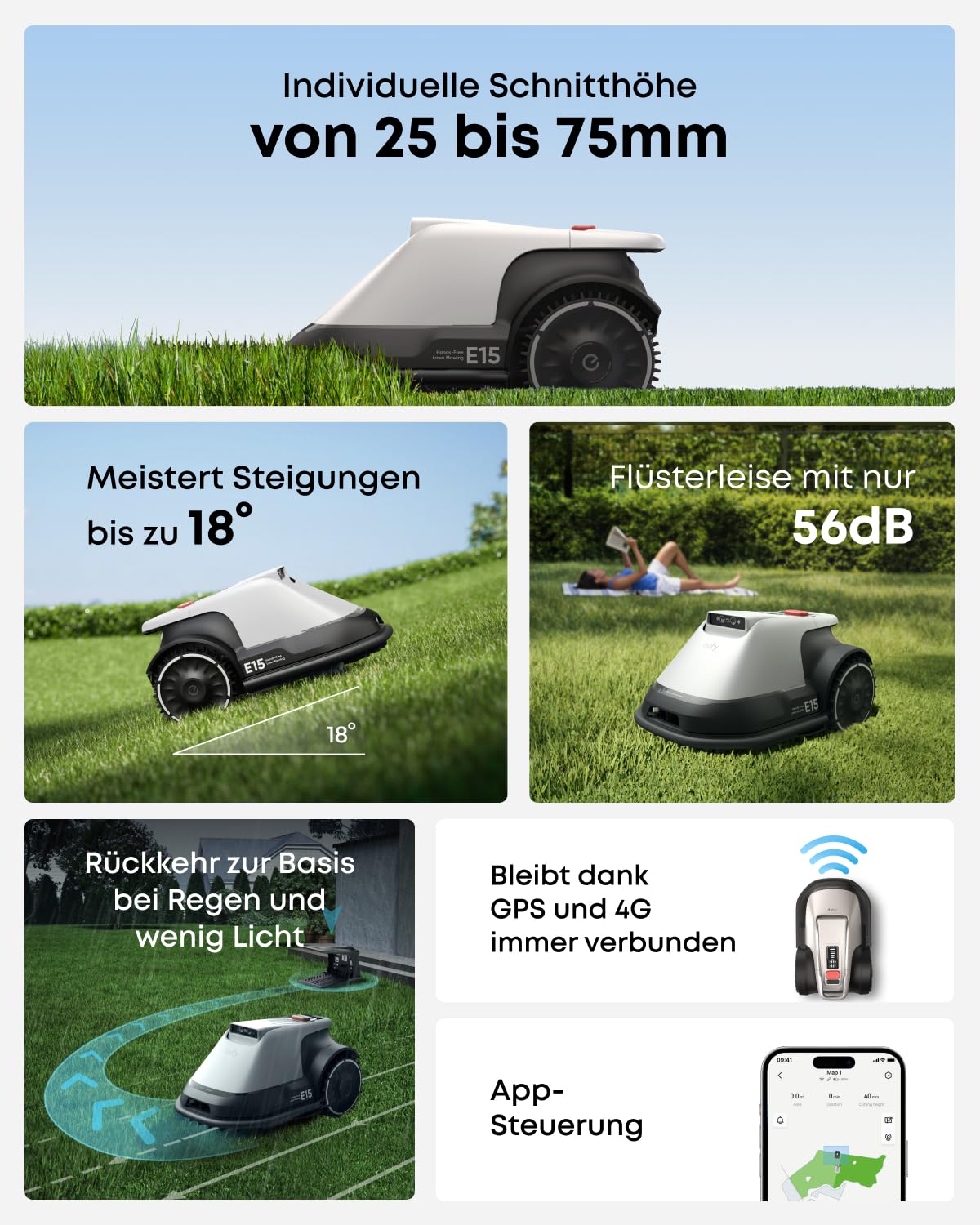 eufy E15 Mähroboter, Keine Signalausfälle, Kein RTK, TrueVision Technologie, Smart-Navigation, Garten bis 800m², Präzisionsrandschnitt, Hindernisvermeidung, App-Steuerung (Generalüberholt)