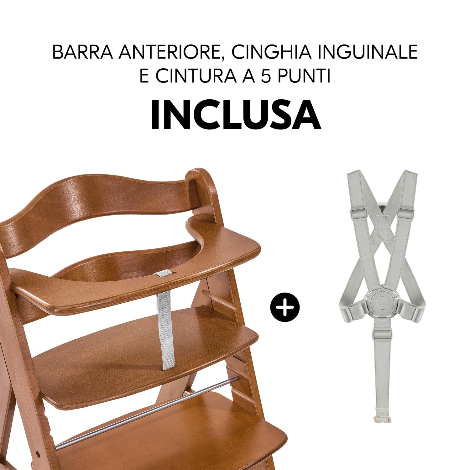 hauck Seggiolone Pappa in Legno Alpha+ - Seggiolone Evolutivo da 6 mesi fino a 90 kg - Sedia Evolutiva con Barra Frontale, Cintura Inguinale e a 5 Punti - Legno Certificato FSC® - Noce