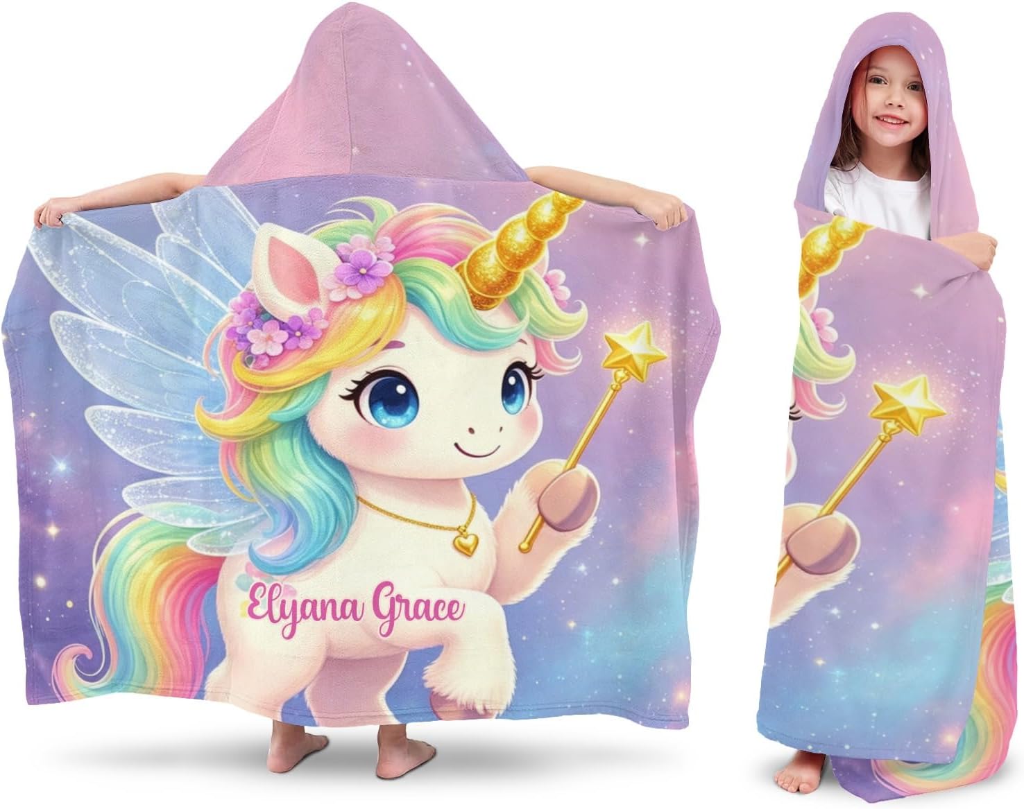 Personalized Cute Unicorn Watercolor Customed Beach Hooded Towel with Name for Kids Boy Girl,Absorbent and Soft Cape for Beach Pool Swimming