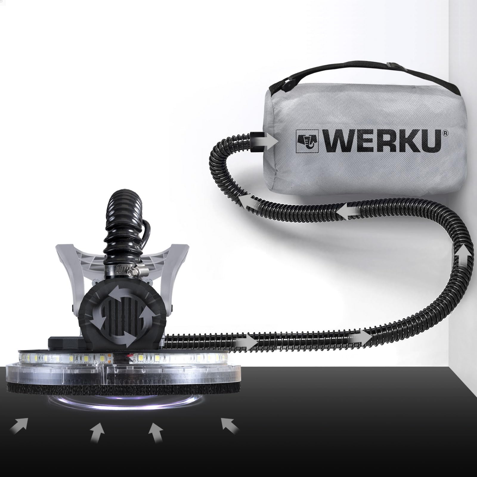 Werku WK403070, Lijadora Circular Paredes-Techos Auto-Aspirante, Calidad Profesional, Potencia 750 W, Disco 225 mm, Sistema Luz LED Visión, Incluye Disco Lijado y Manguera Aspiración