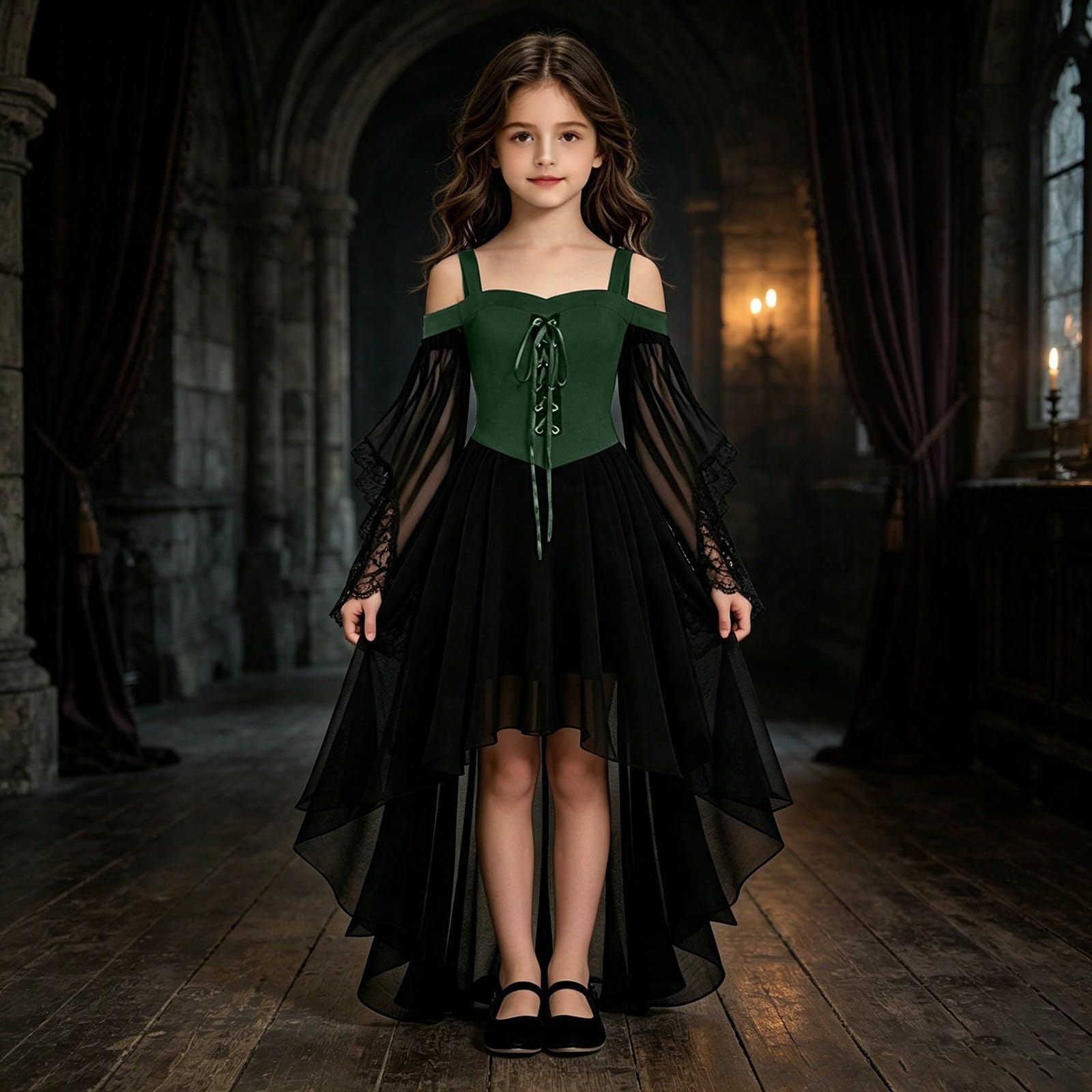 Vokuhila - Vestito medievale per Halloween, per bambine, gotico, cosplay | Vestito da principessa per bambini, a maniche lunghe, con spalle scoperte, in pizzo, stile vittoriano, vampiro, carnevale