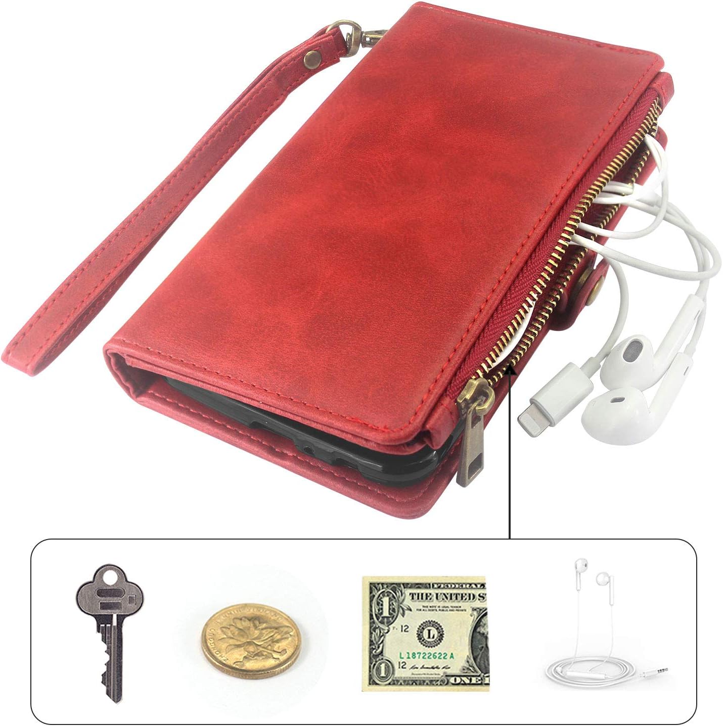 Lacass Premium Leather Flip Zipper Wallet Case Cover Stand Feature with Card Holder and Wrist Strap for Coolpad Legacy 6.36" (2019) 3705A Case (Red)
