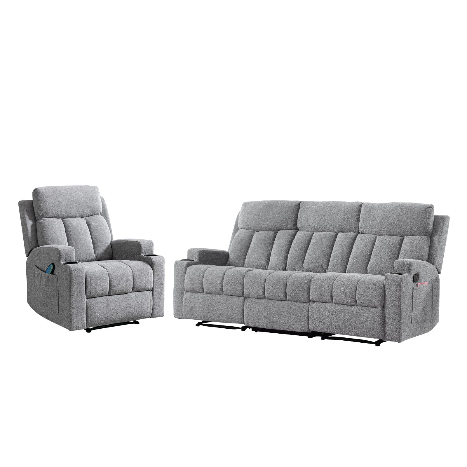 CANMOV Manual Recliner Sofa Set, Fabric Recliner Living Room Furniture Sets, Two 1 seat Reclining Chair and a 3 Seater Sofa Furniture Set with Side Pockets and Cup Holders, Light Grey view 9