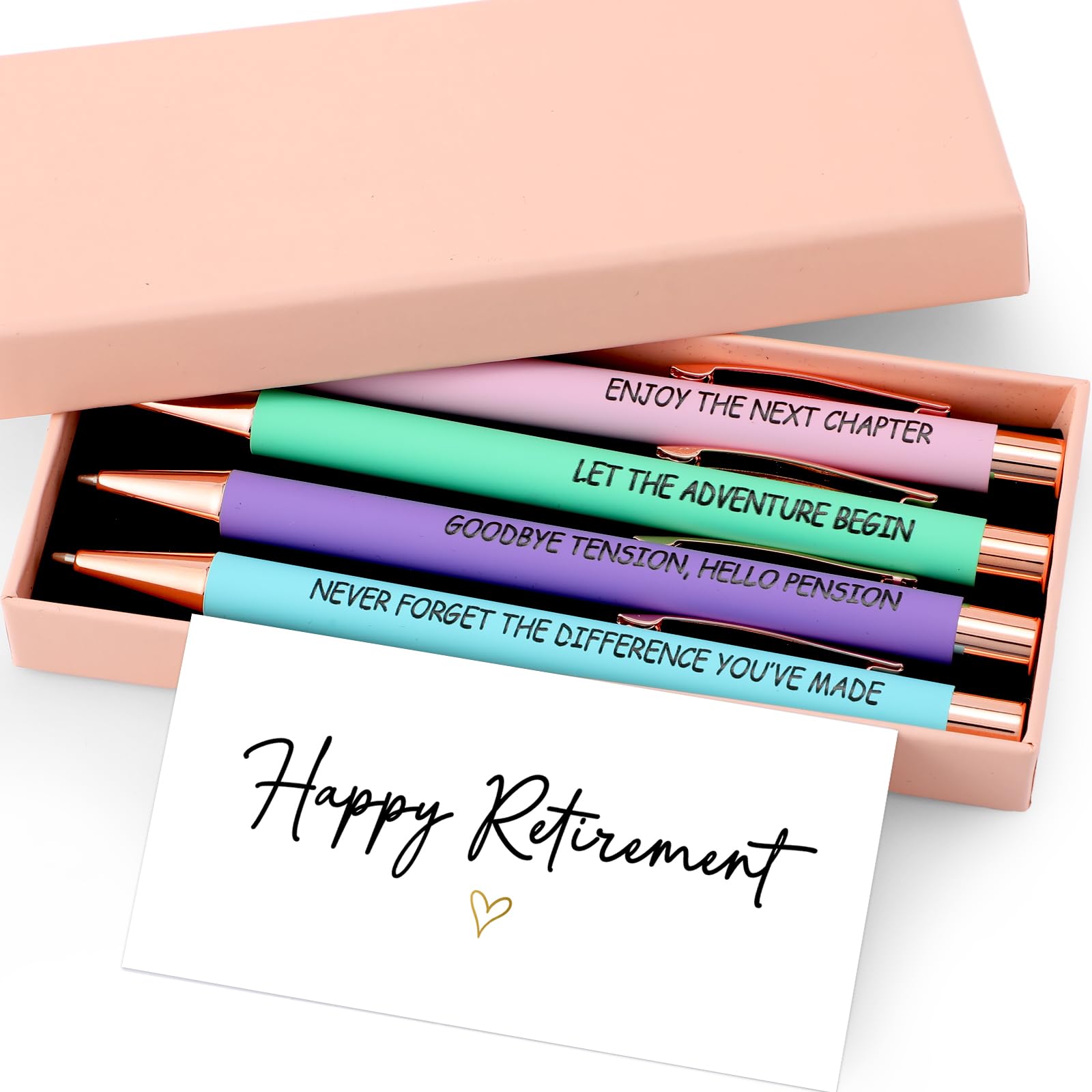 Tenare 4 Pack Happy Retirement Gift Pen Set Black Ink Ballpoint Pens & Gift Box with Cards for Appreciation Inspirational Retirement Birthday Christmas Teacher Office Writing Gifts(Vibrant)
