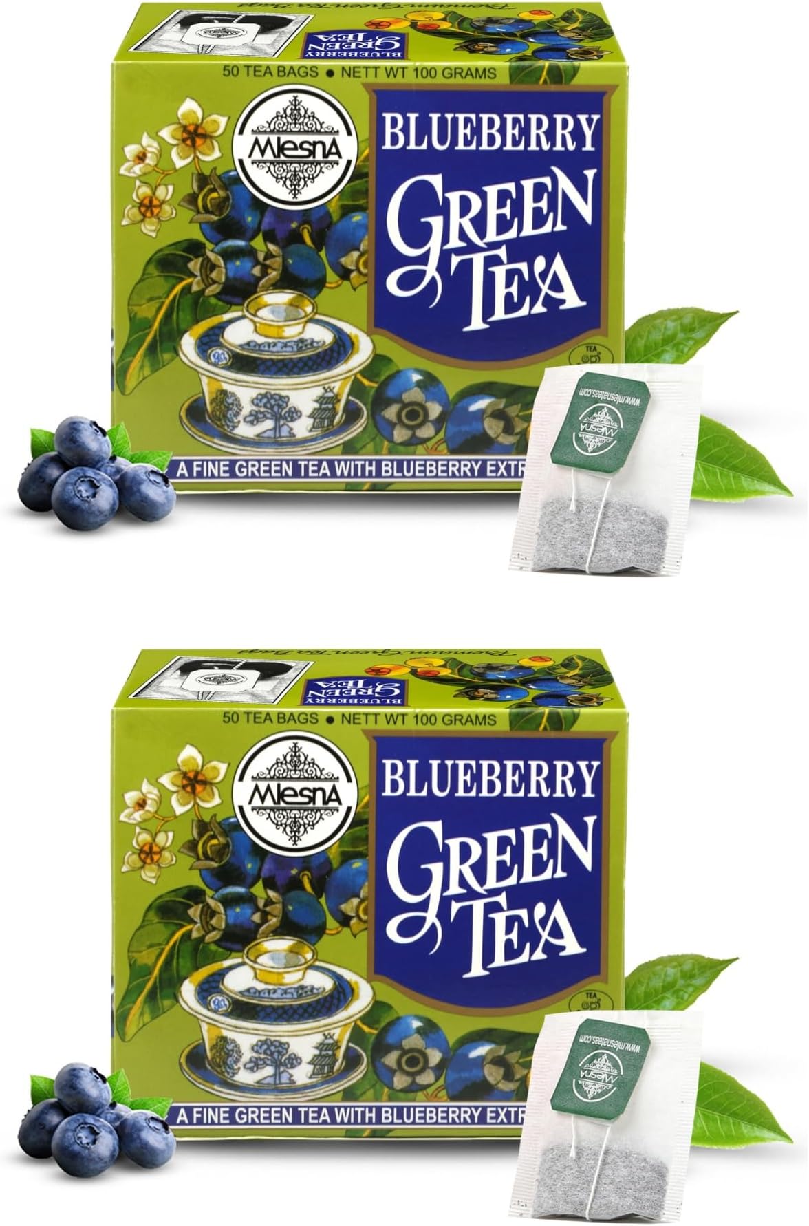 Mlesna Blueberry Green Tea 100g (Pack of 2) | 50 Foil-Wrapped Tea Bags | Pure Ceylon Green Tea | Rich in Antioxidant | Imported from Sri Lanka
