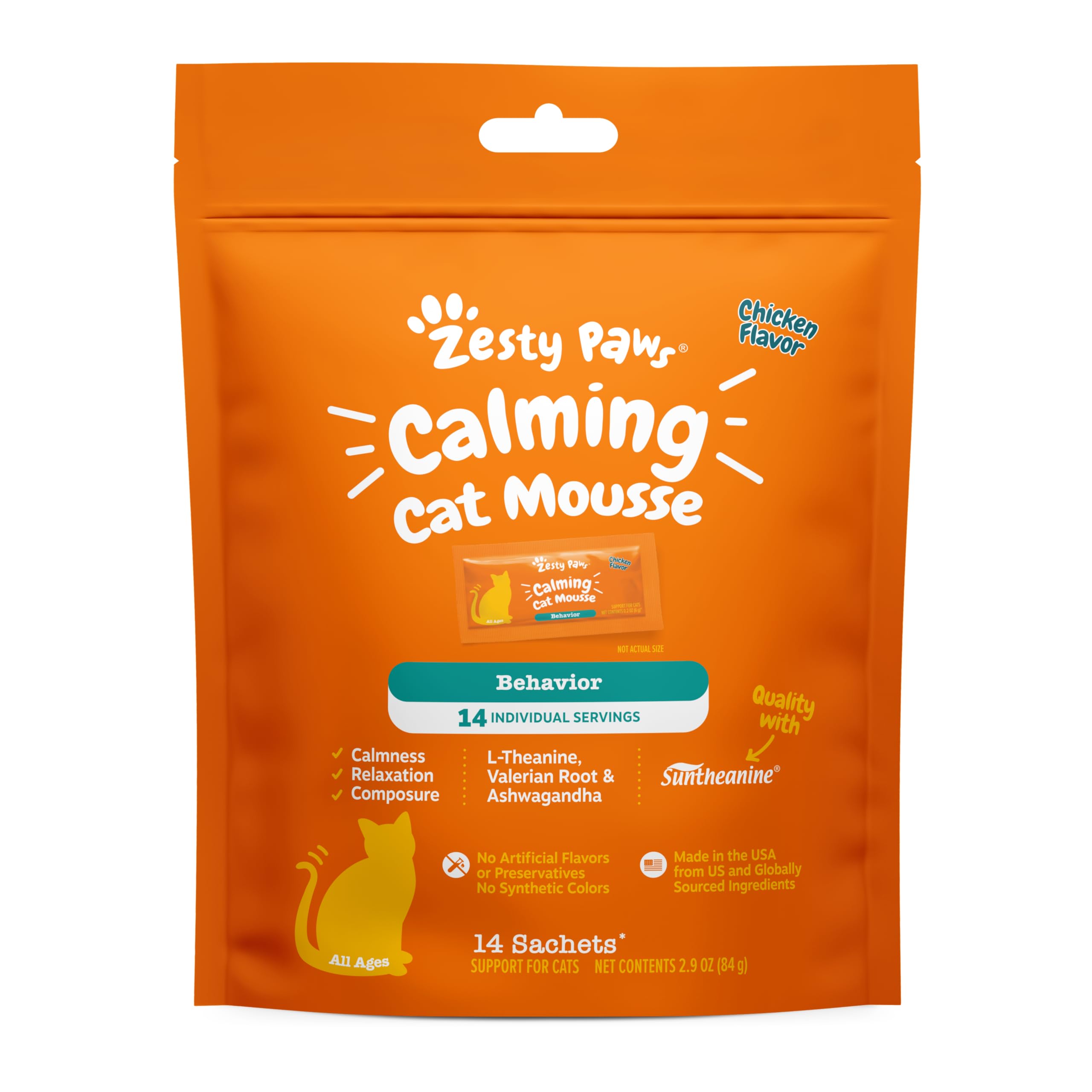 Zesty Paws Calming Mousse for Cats - Composure & Relaxation for Stress & Separation - Cat Calming Supplement with Ashwagandha, L-Theanine, Valerian Root & Vitamin B1-14 Count