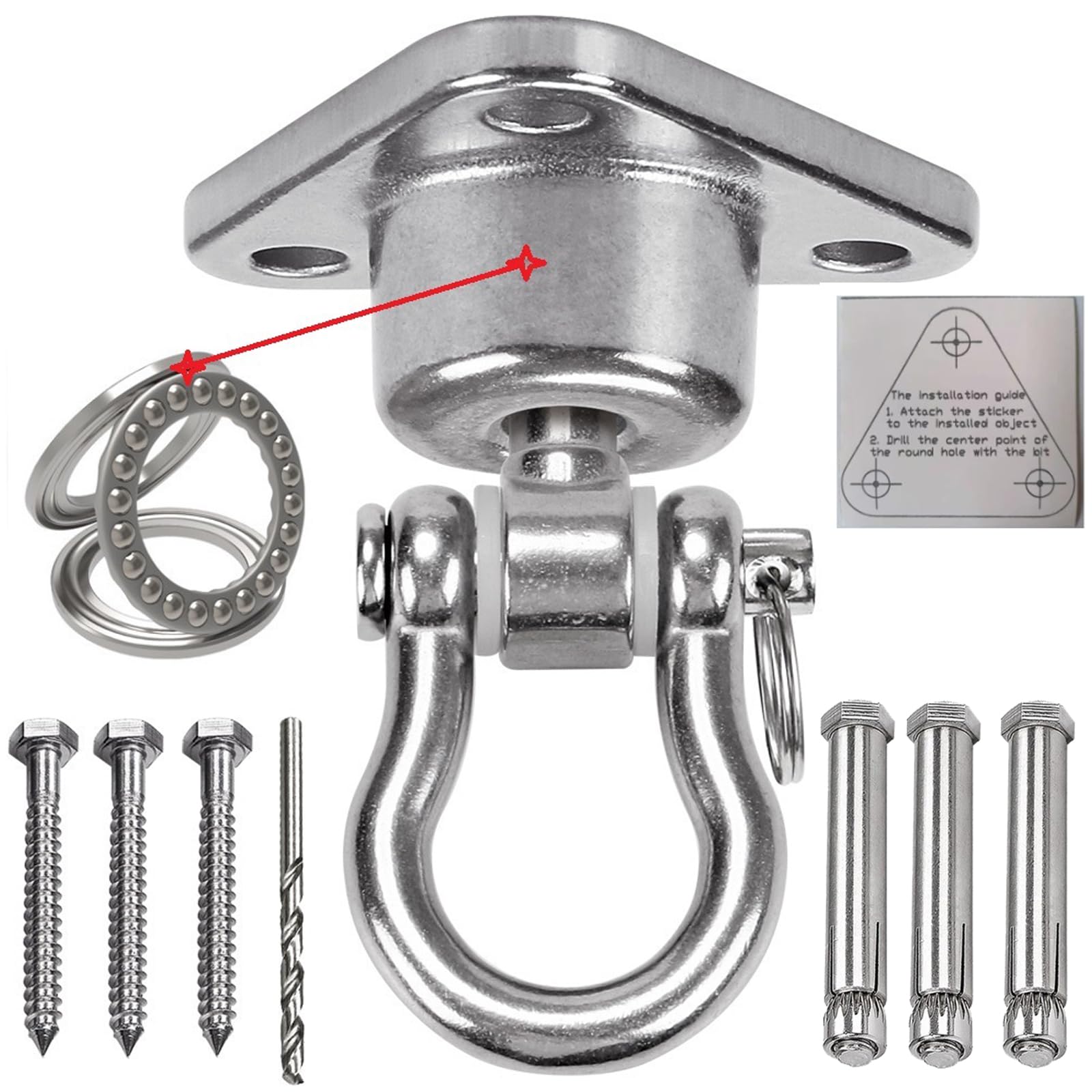 Edelstahl Deckenhaken Schwerlast, 360°Drehbar Schaukelhaken mit Lager, 680KG Kapazität Deckenhalterung Deckenhaken Holzbalken hängematte Befestigung für hängesessel, Schaukeln,Yogatuch, Boxsack
