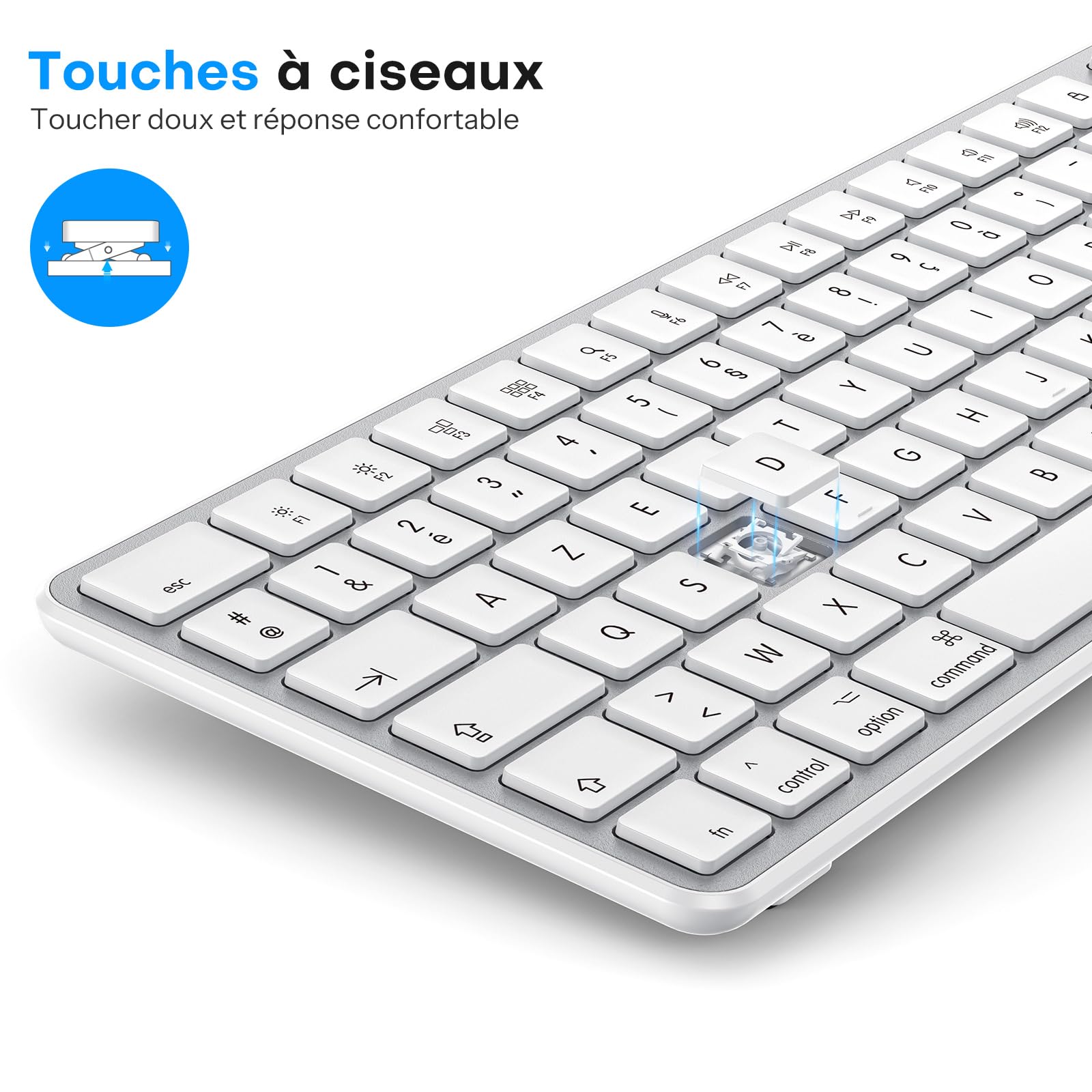 OMOTON Kit Clavier et Souris sans Fil Bluetooth pour Mac AZERTY, Argent | Rechargeable avec 3 Canaux Bluetooth, Clics Silencieux, Ultra Slim, pour Apple Mac Pro/Mini, MacBook Neo/Air, iMac, iMac Pro