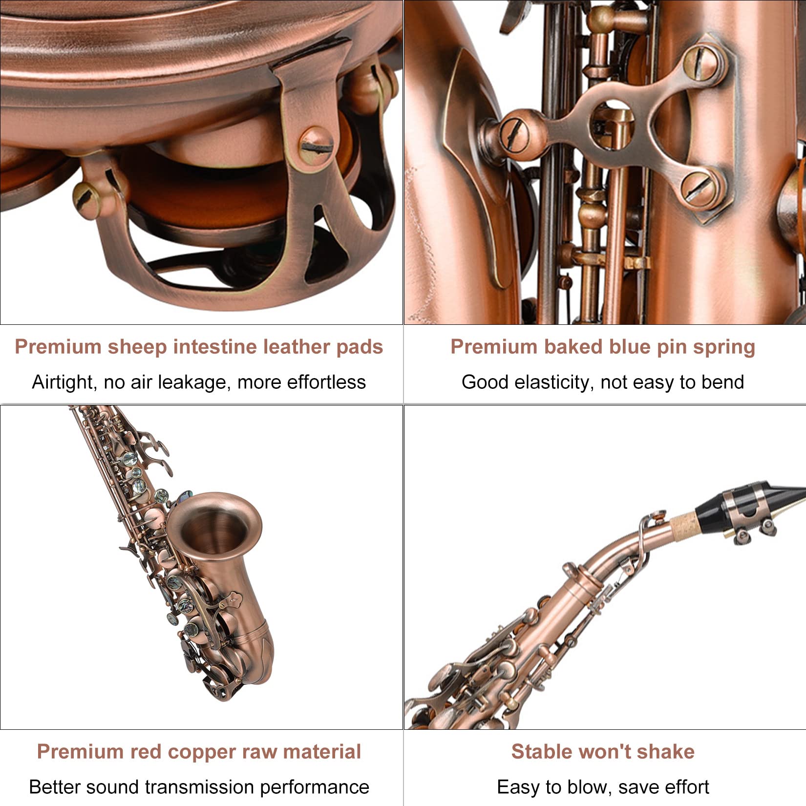BOTOWI Sassofono Soprano Curvo BB Flat Sax Soprano Sax Full Kit con Custodia per Trasporto, Strumenti a Fiato per Principianti Studenti Intermedi,Incisione Ottone di qualità, Suono Splendidoa