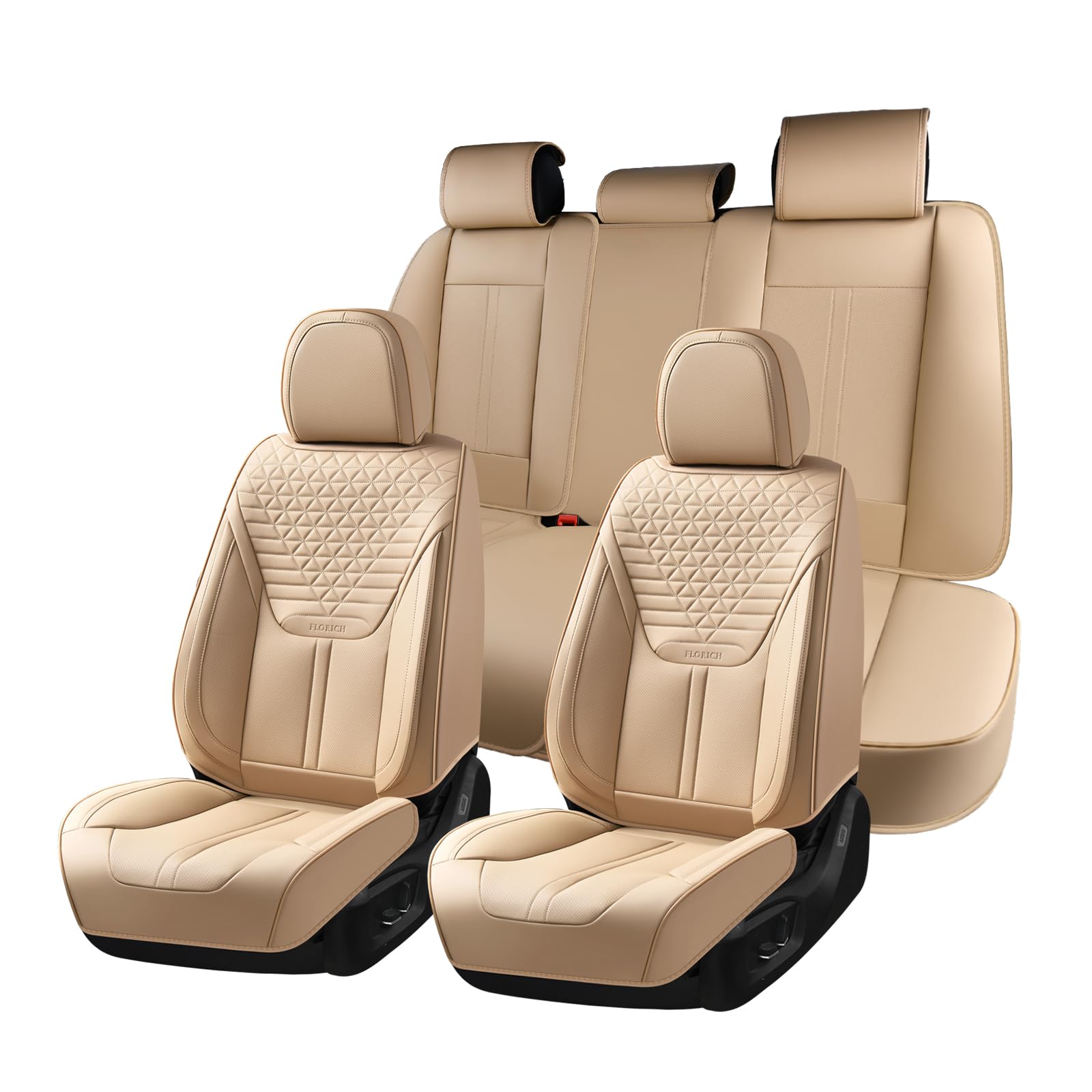 Seat Covers, Car Seat Covers Full Set, Luxury Nappa Leather Seat Covers, Breathable and Waterproof Car Seat Protector 5 Seat, Automotive Seat Covers Universal Fit for Most Cars-Beige