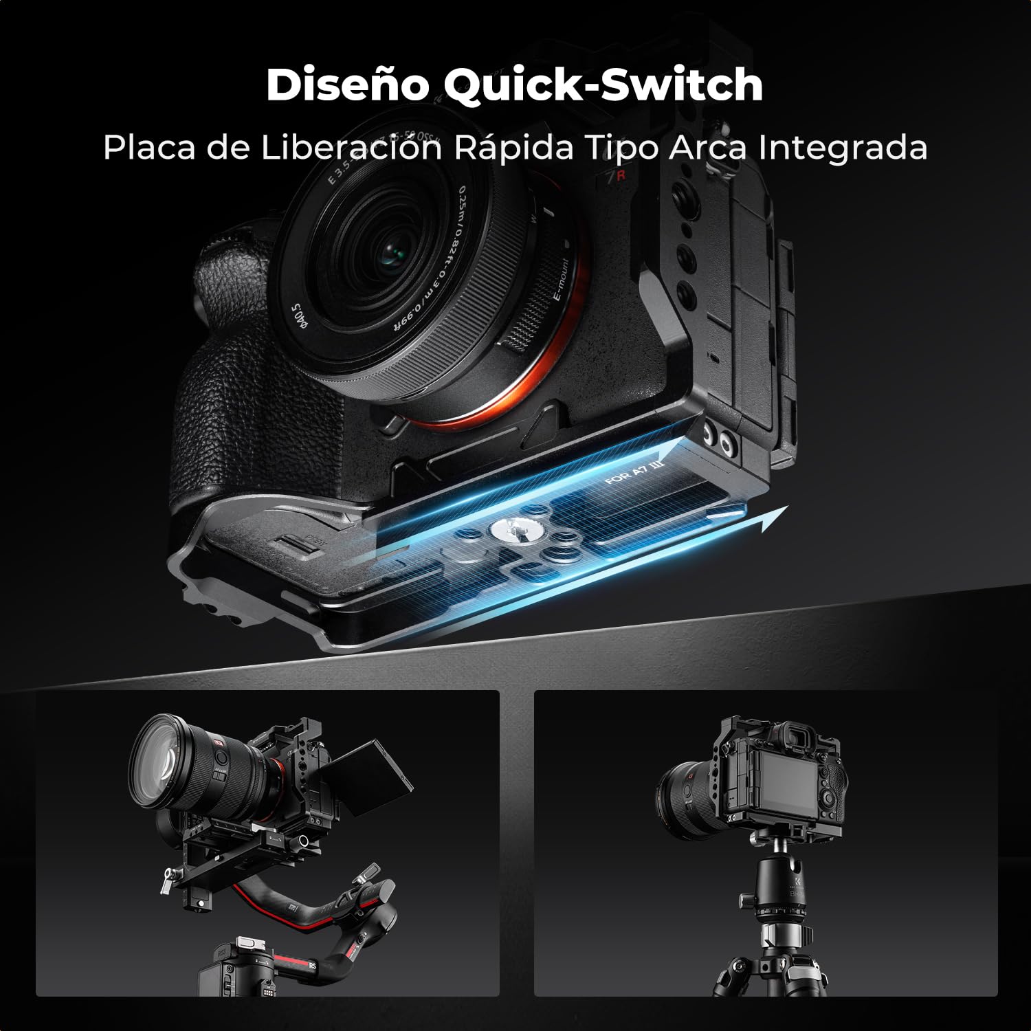 K&F CONCEPT Kit de Jaula para Sony Alpha 7 III/7 IV/7 Ⅴ/7R III/7R Ⅴ | Cage Alpha 7 con Placa de Liberación Rápida para Arca, Zapata Fría y Orificios Roscas de 3/8'' y 1/4''- CS03