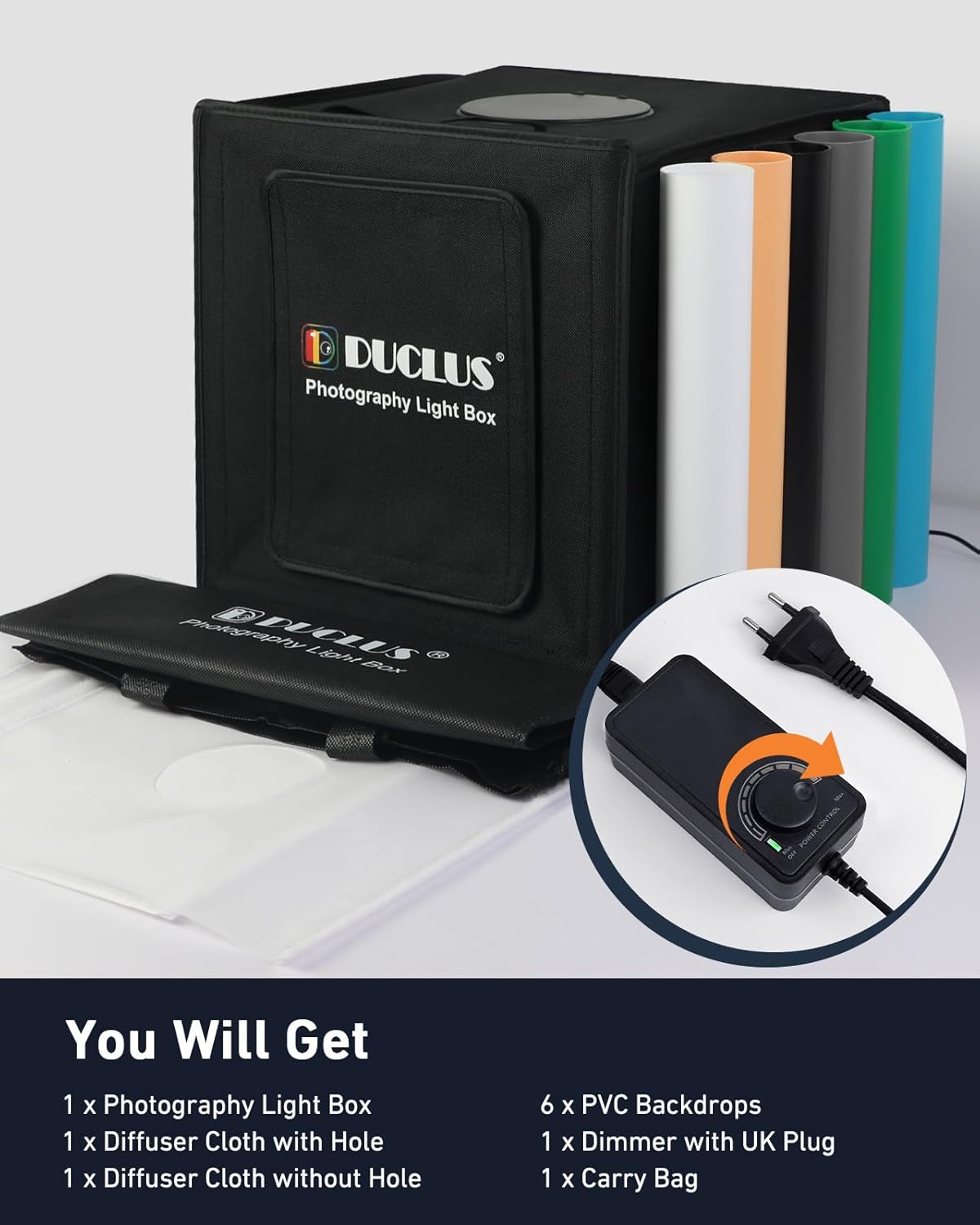 Contents of the DUCLUS Photography Light Box package, including the folded light box, power adapter with dimmer, and six PVC backdrops