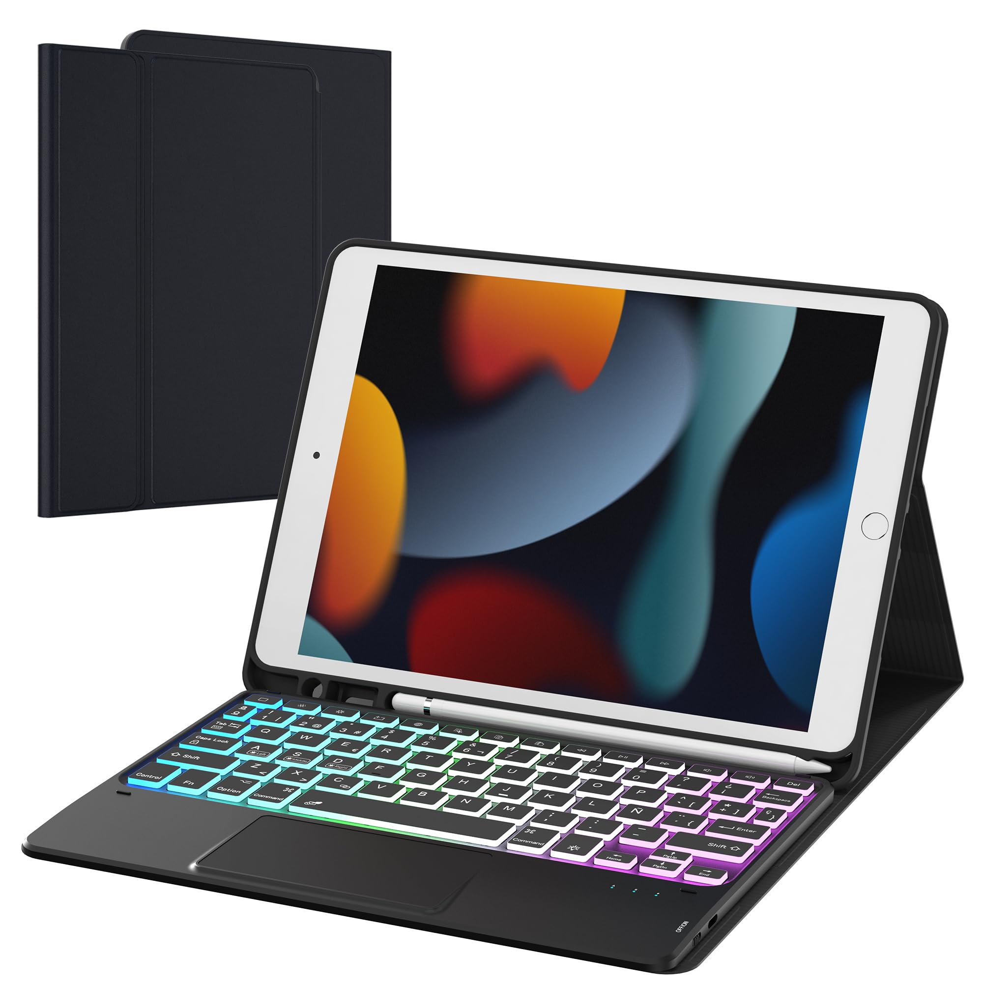 Funda con teclado para iPad 9 Generación 10.2: Teclado retroiluminado de 3 zonas y 7 colores con trackpad - Teclado Español Ñ QWERTY Funda iPad 9ª Gen 2021/8ª Gen/7ª Gen (10,2 Pulgadas)/Air 3/Pro 10.5