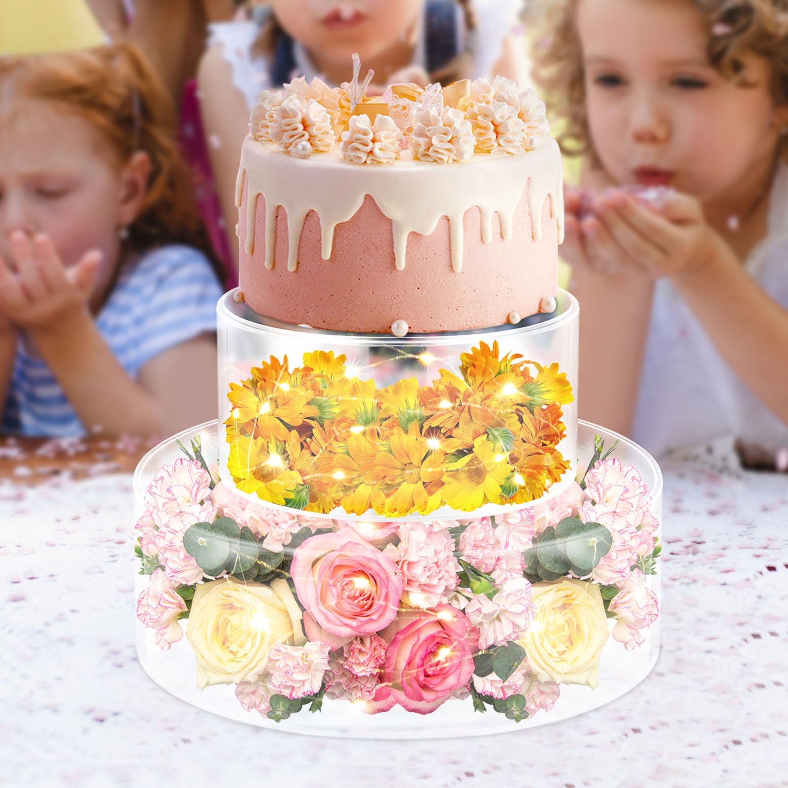 Lot de 2 présentoirs à gâteau avec bandes lumineuses LED - En acrylique transparent - Remplissables - Pour gâteau d'anniversaire, fête prénatale, festival