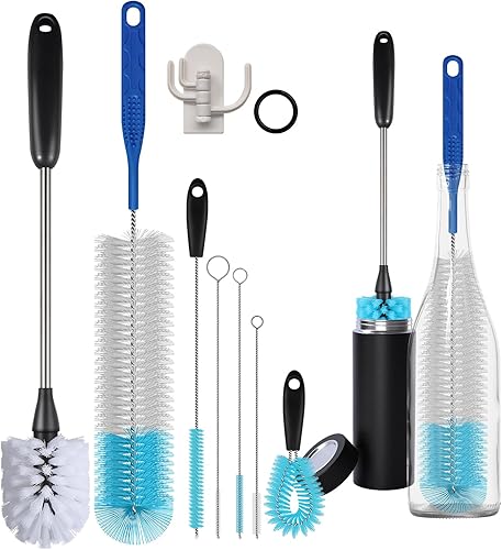 Paquete de 8 cepillos de acero inoxidable para botellas de agua de mango largo para limpiar botellas deportivas, botellas de leche, cristalería y
