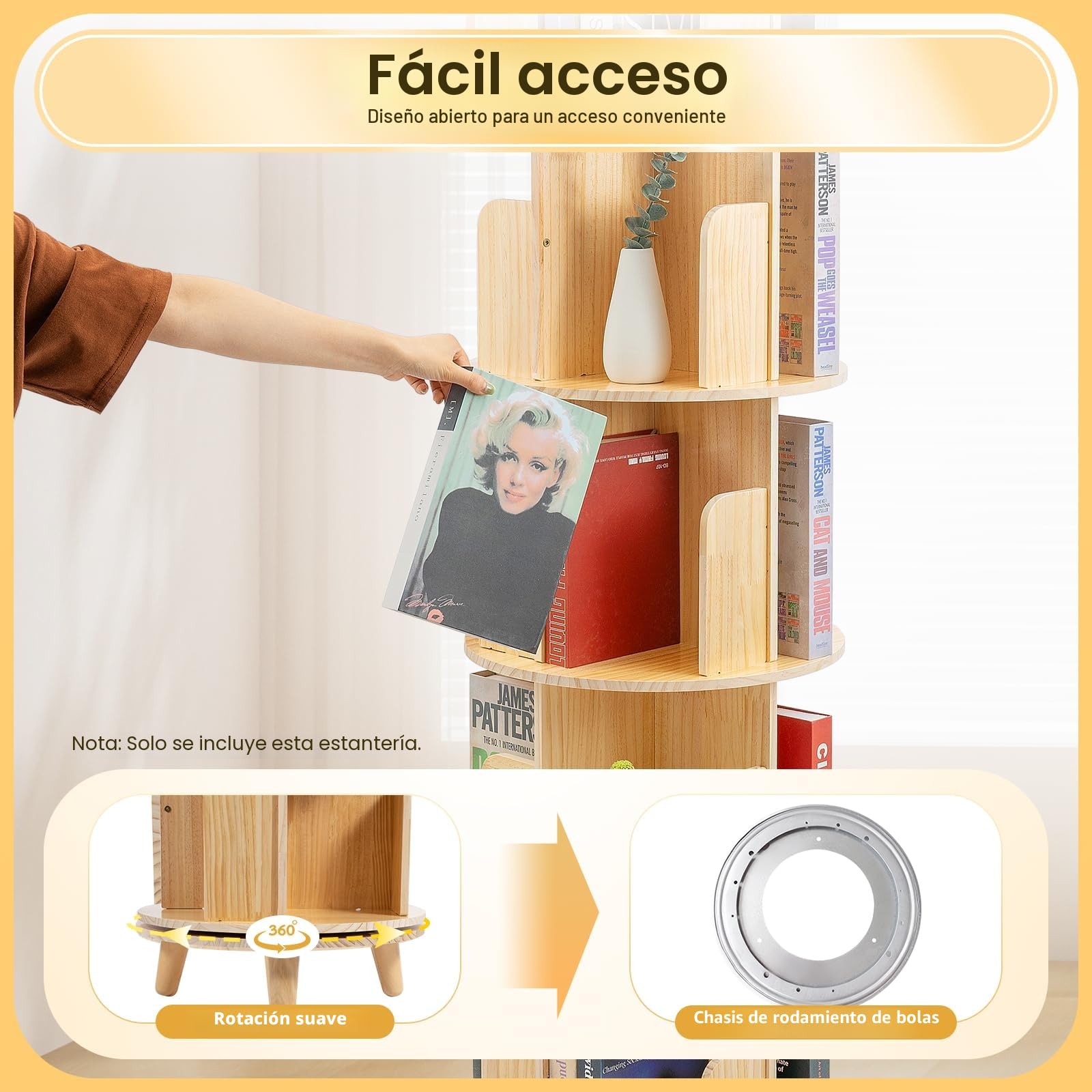Estantería giratoria de 6 niveles para libros de 360 anuncios, torre de madera maciza, soporte de almacenamiento giratorio para pasillos, balcones, dormitorios, organizador multifuncional, altura de