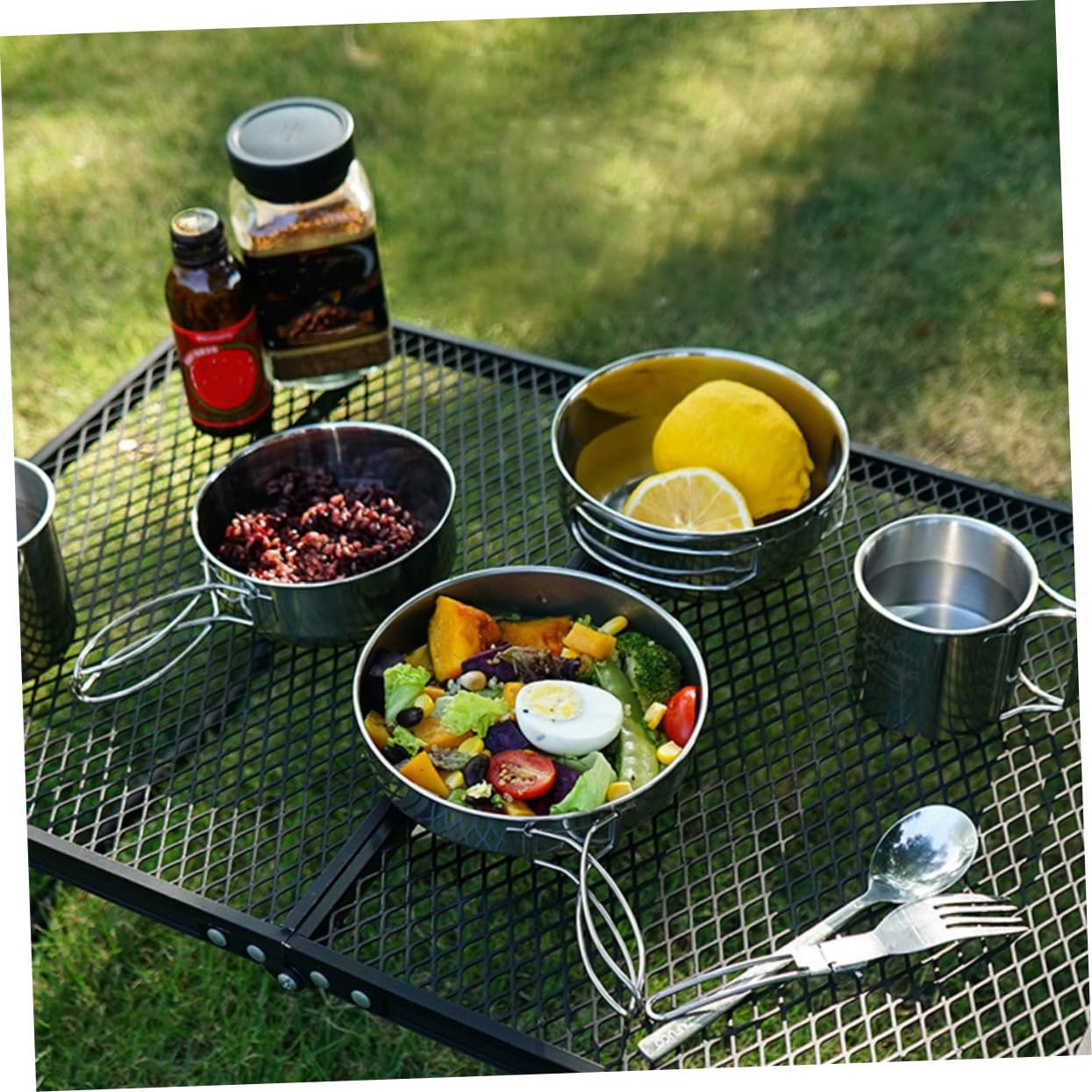 Milisten Set de Vaisselle 5 Pièces en Acier Inoxydable Camping Car Casserole et Gobelet, Fond Plat, Rangement Empilable pour Pique-niques et Randonnée