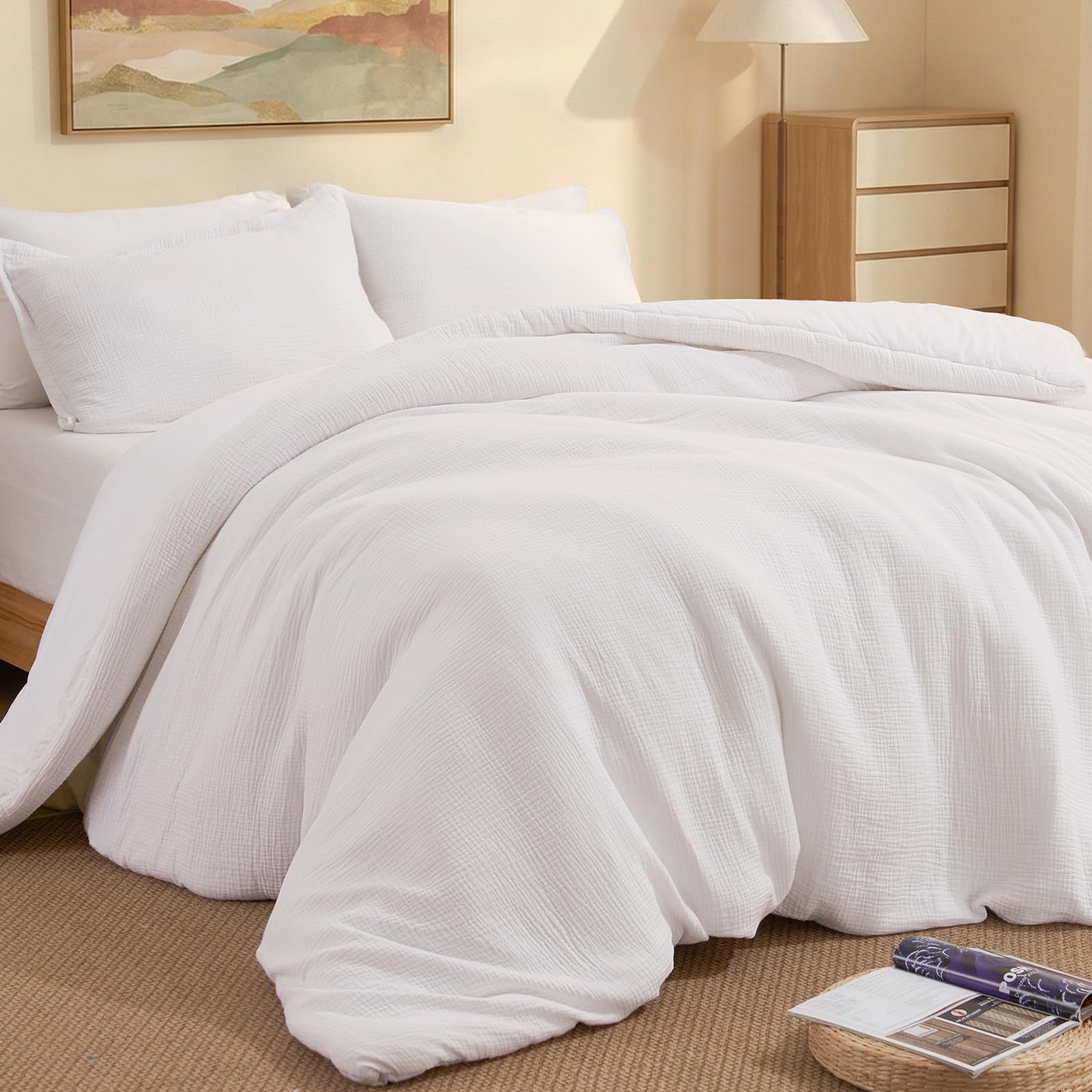 david's home cotton muslin comforter set king size, soft lightweight breathable cozy skin-friendly, 3pcs linen like gauze bedding with pillow shams, aesthetics home decor & giftable, white