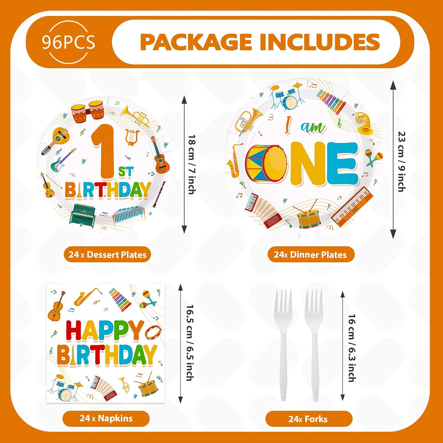 96Pcs Music First Birthday Decorations Plates Musical Instrument Theme Plates and Napkins Music Notes Tableware Set for Musical Birthday Party Music Theme Baby Shower Supplies, Serves 24
