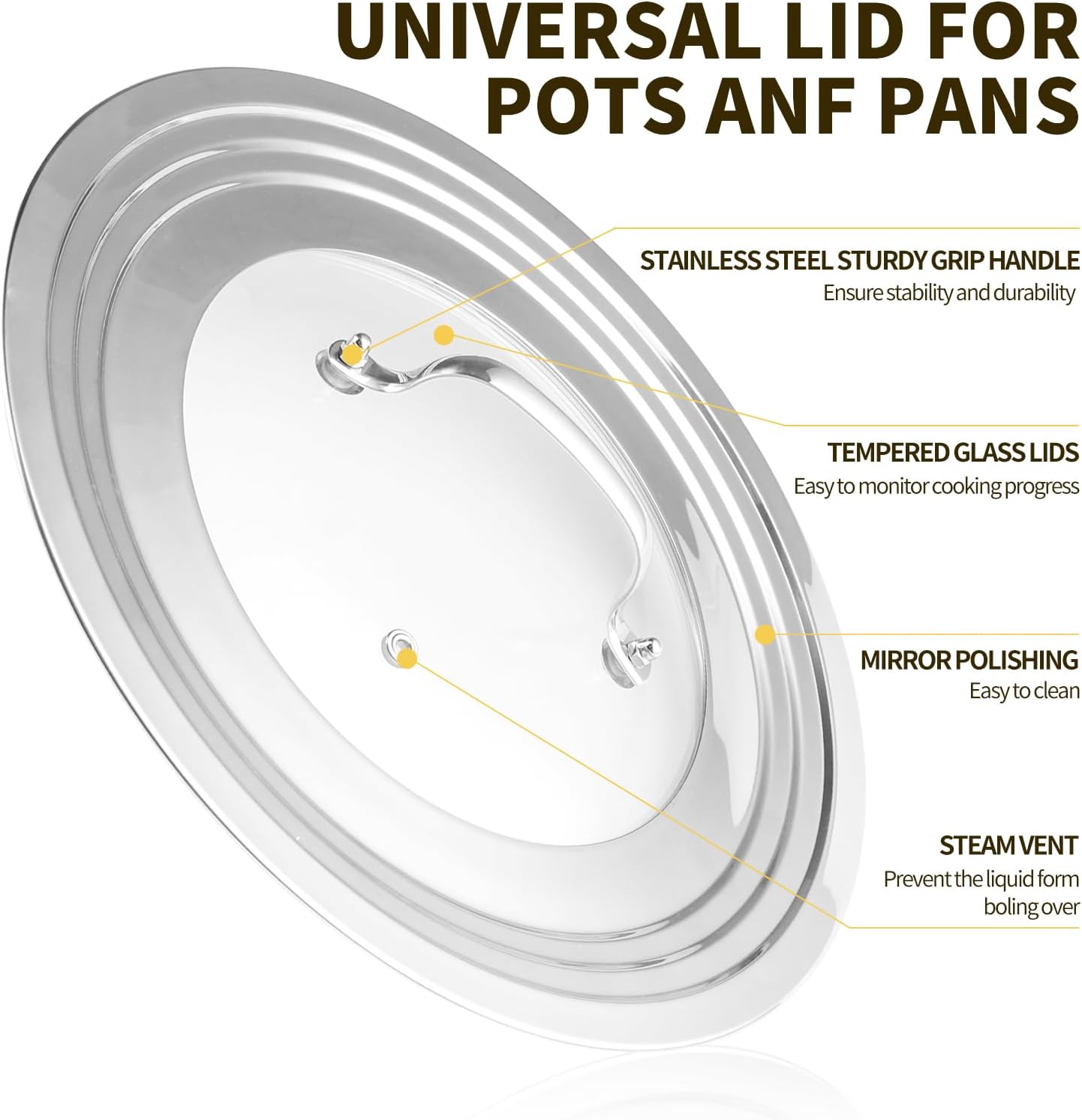 Universal Lids with Tempered Glass fits 6, 7, 8, 8.2 & 9, 10, 11, 12, 12.5 Inch All Cookware, Replacement for Pots, Frying Pans and Skillets, Cast Iron cover for Space Saving