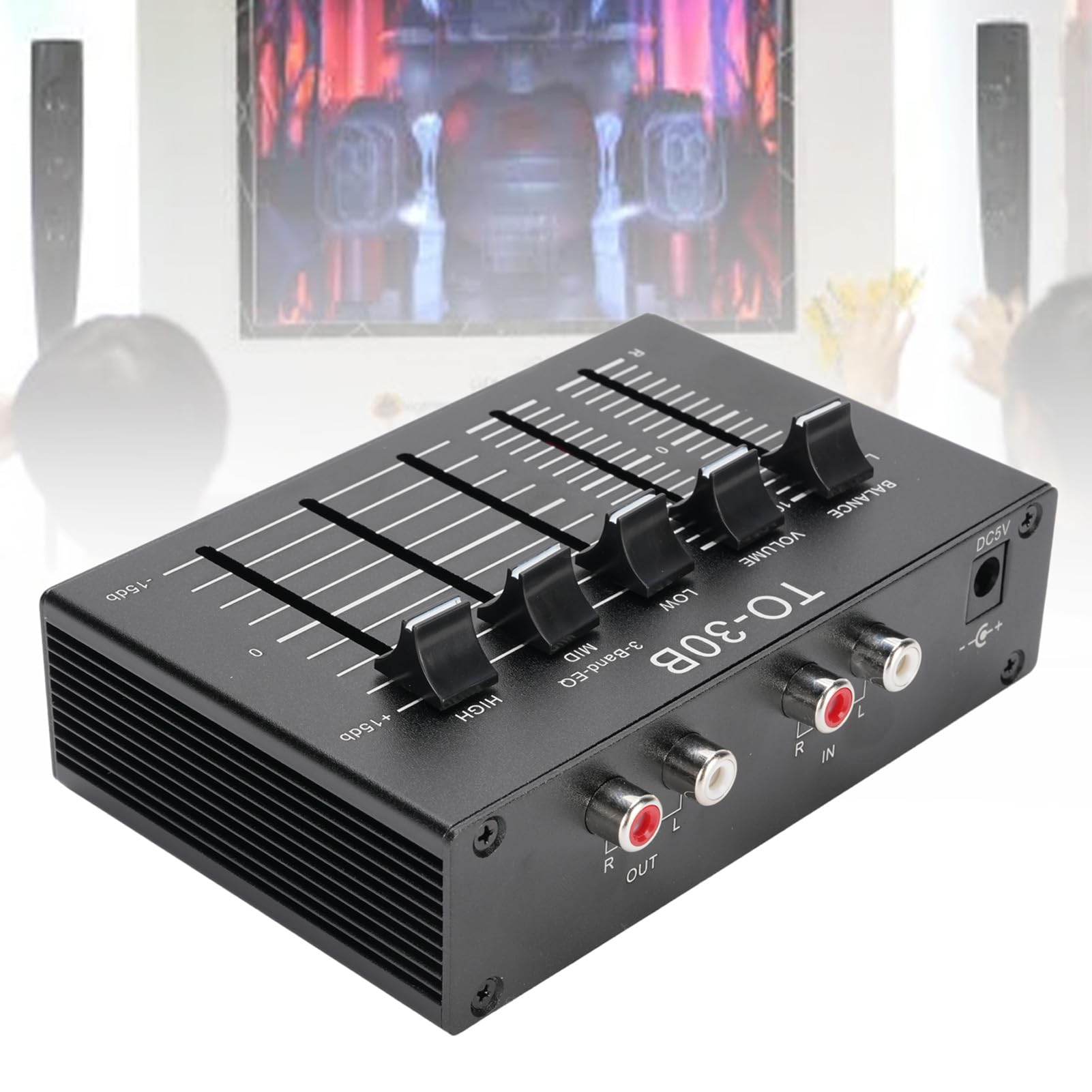 Phono Preamp EQ 2 Channel Digital Sound Equalizer 3 Band 12 DB Hohe Mittelgroße Einstellung Ausgeglichener Lautstärkeregler 5V -Adapter für Plattenspieler