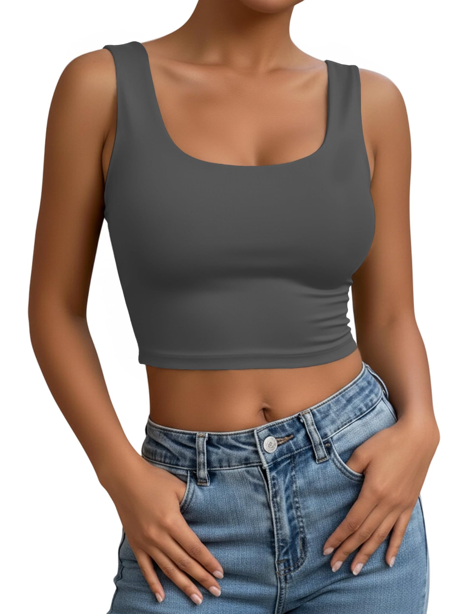 AURUZA Crop Top da donna, canottiera da donna a doppia fodera con scollo a U per allenamento di base da donna senza maniche camicia per uscire
