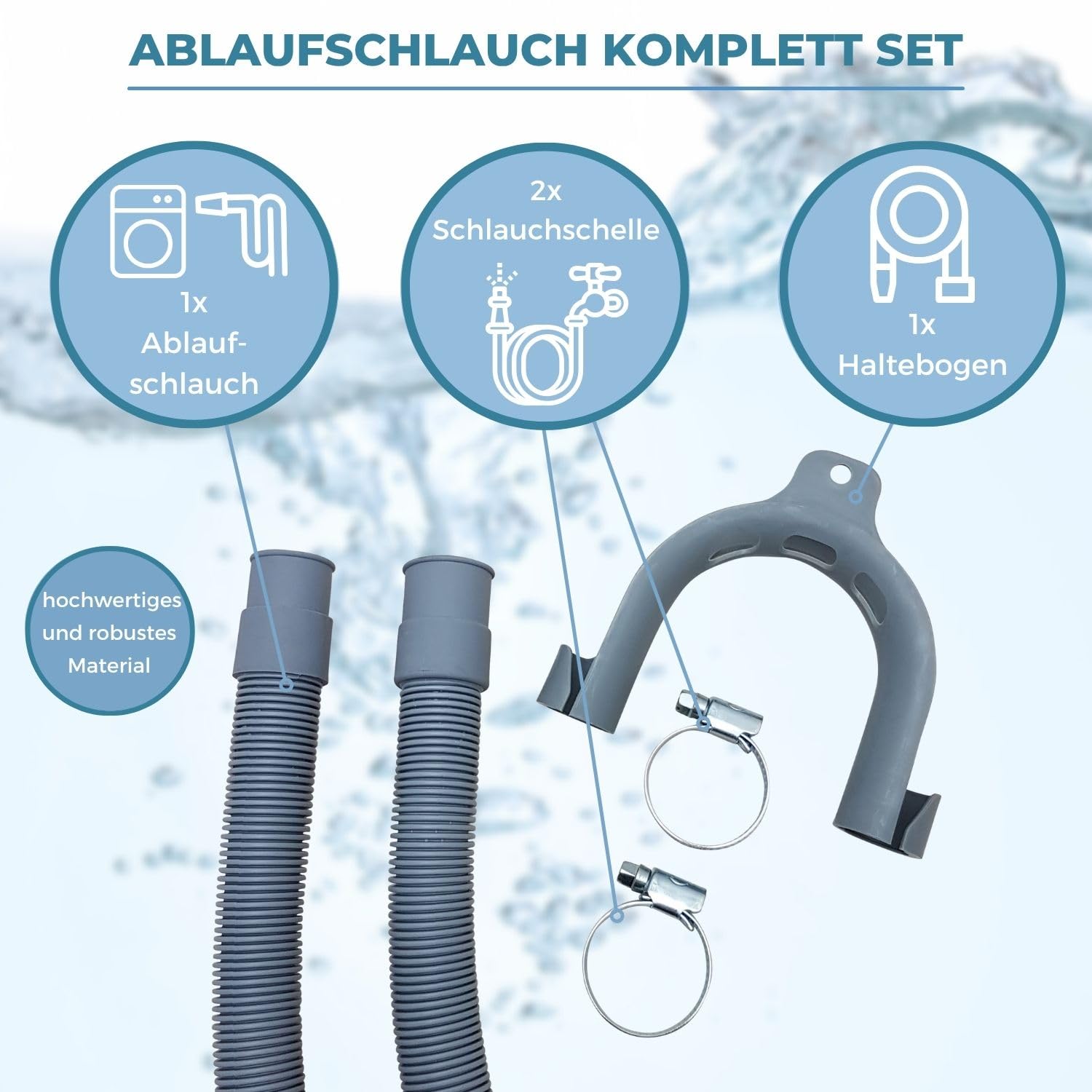 LICHTBLAU Ablaufschlauch 6,0m Waschmaschine Geschirrspüler Komplett Set | Wasserablaufschlauch Universal mit Schlauchschellen & Haltebügel – Abwasserschlauch Spülmaschine Waschmaschine