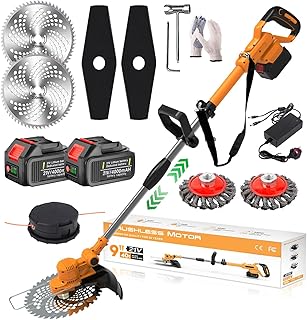 Cordless Grass Trimmer 21V Strimmer Cordless with 2 PCS 4.0Ah Batteries and 4Types Blades Brushless Metal Blade Strimmer with Wire Brush 4 in 1 Garden Strimmer Cordless/Grass Trimmer/Lawn Edge,Orange