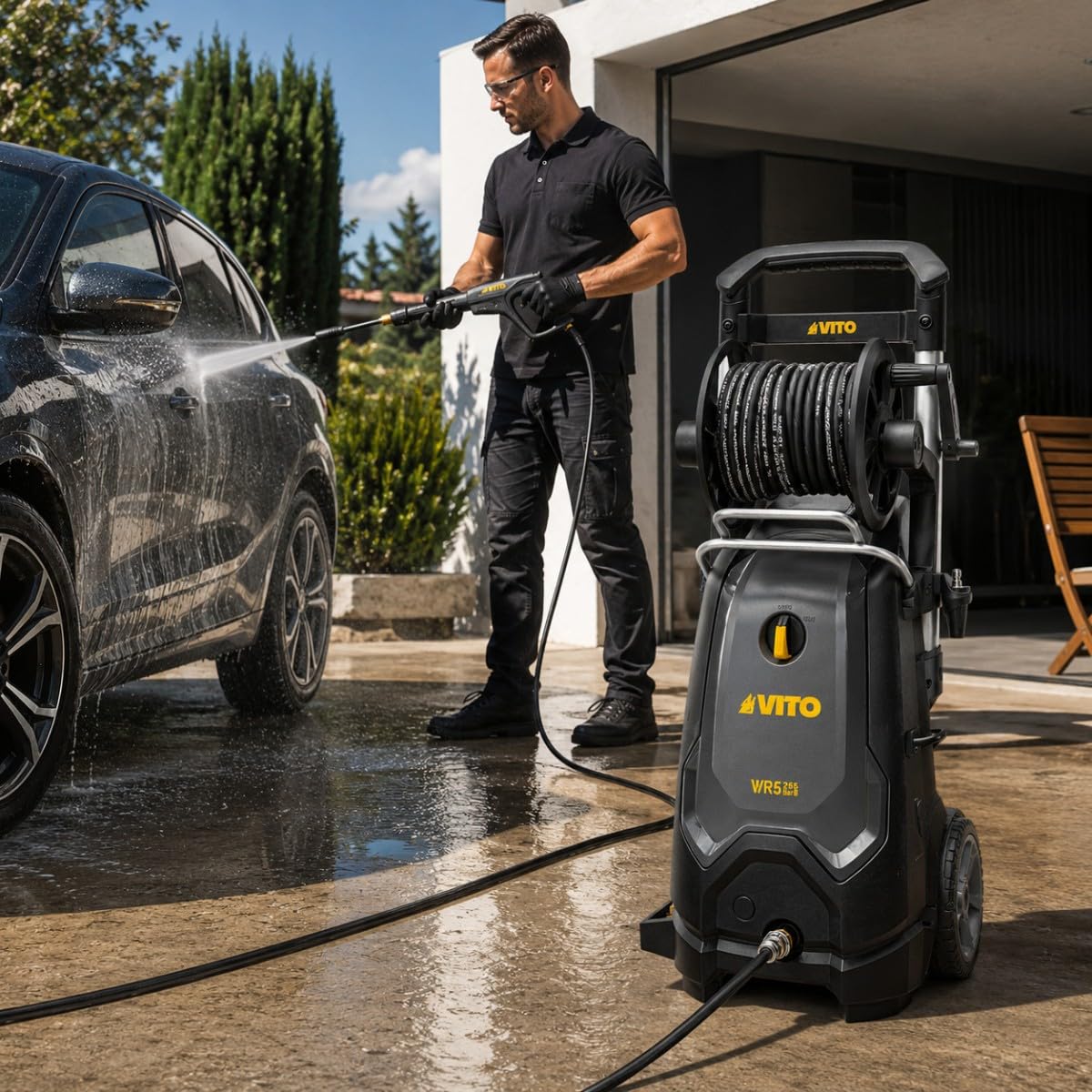 VITO - Nettoyeur Haute Pression 225bar 3000W Moteur Induction Tuyau 10m Jet réglable Dévidoir Nettoyage Terrasse Voiture Mobilier