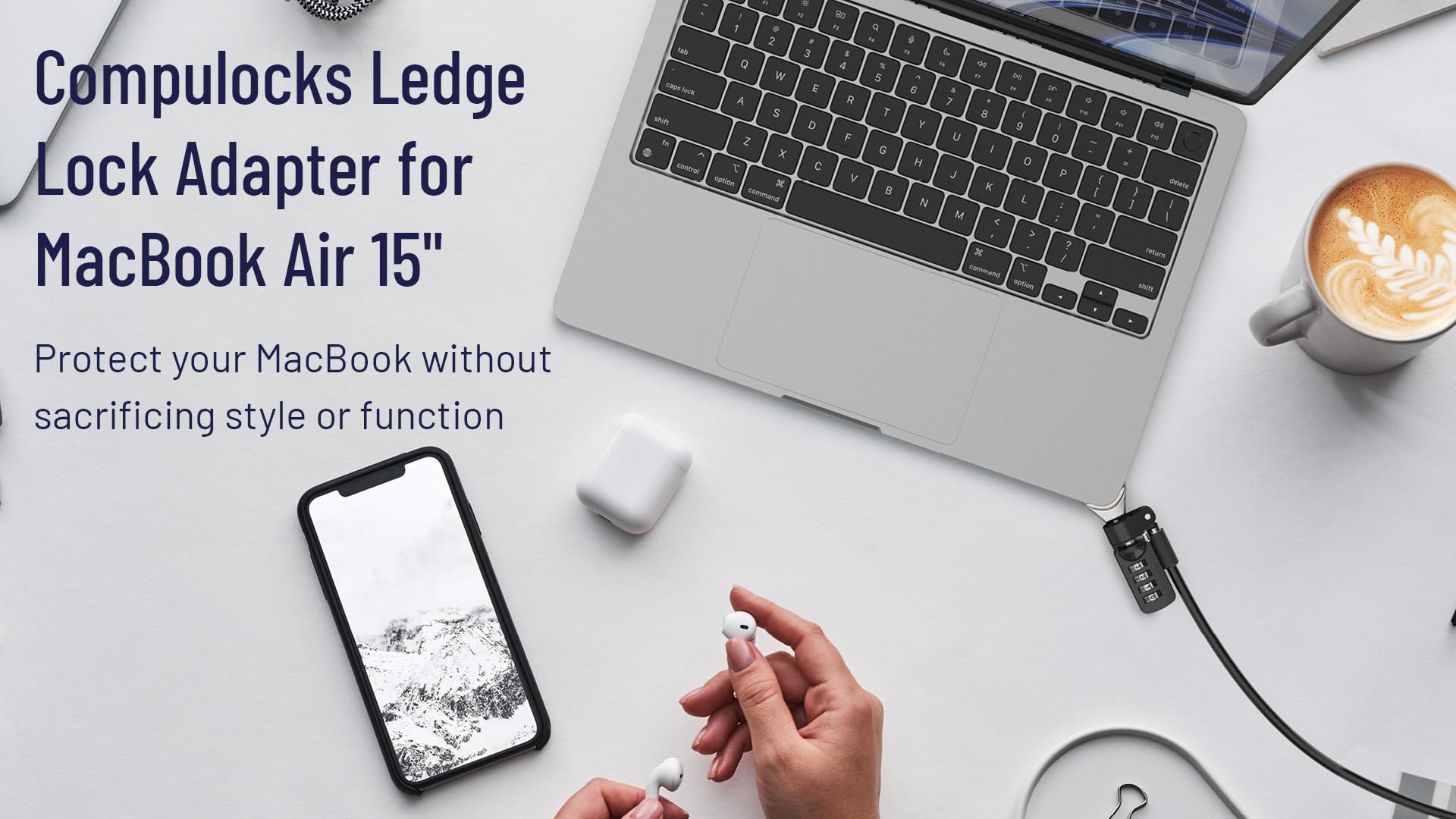 Compulocks Ledge Lock Adaptateur pour MacBook Air 15" M2-M4 avec câble antivol à combinaison Argenté