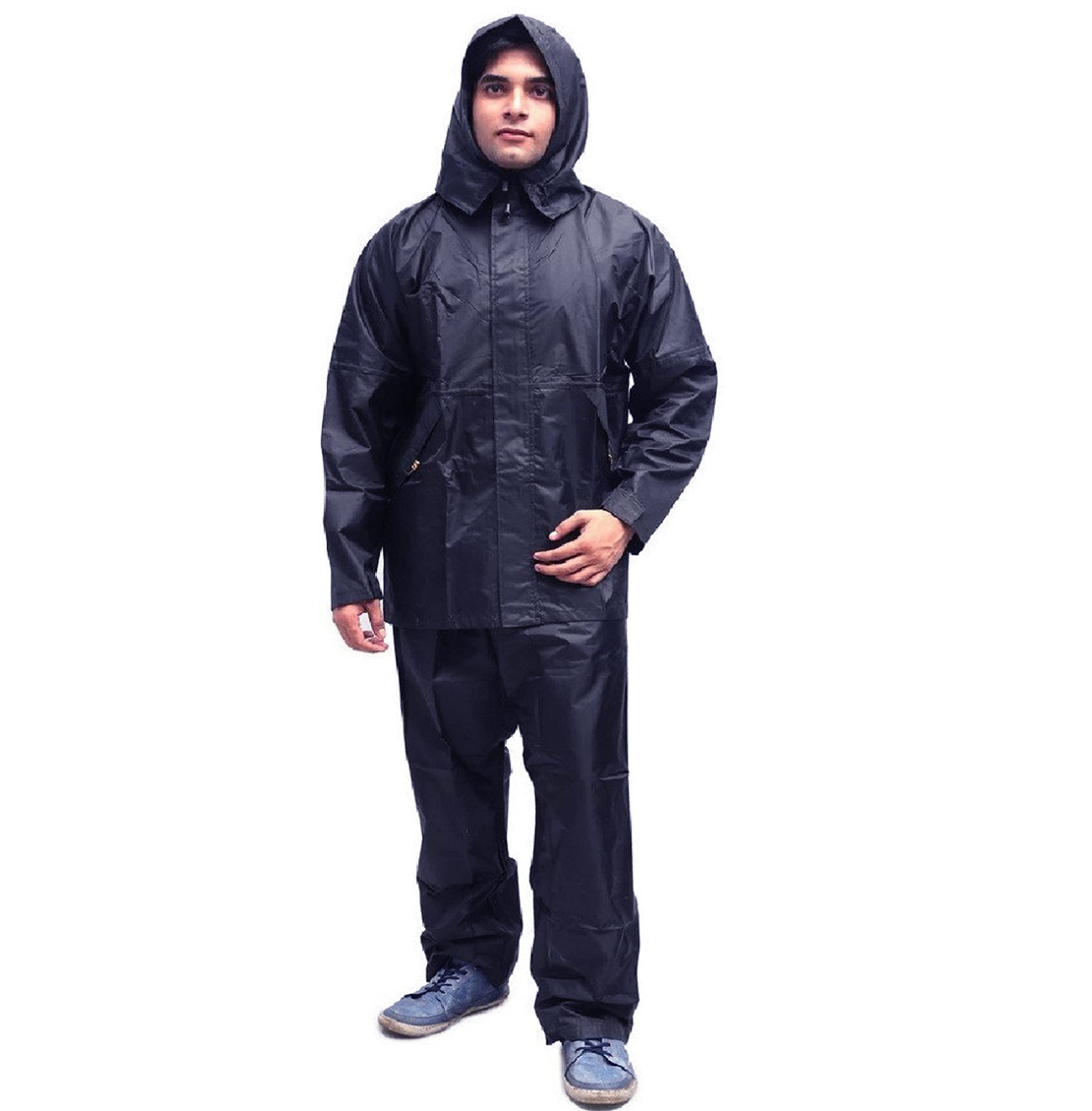 n g products 100% Waterproof Nylon Zipper Raincoat With Jacket, Hood and Pant With Pockets for Men and Women (Black & Blue)-picture-9