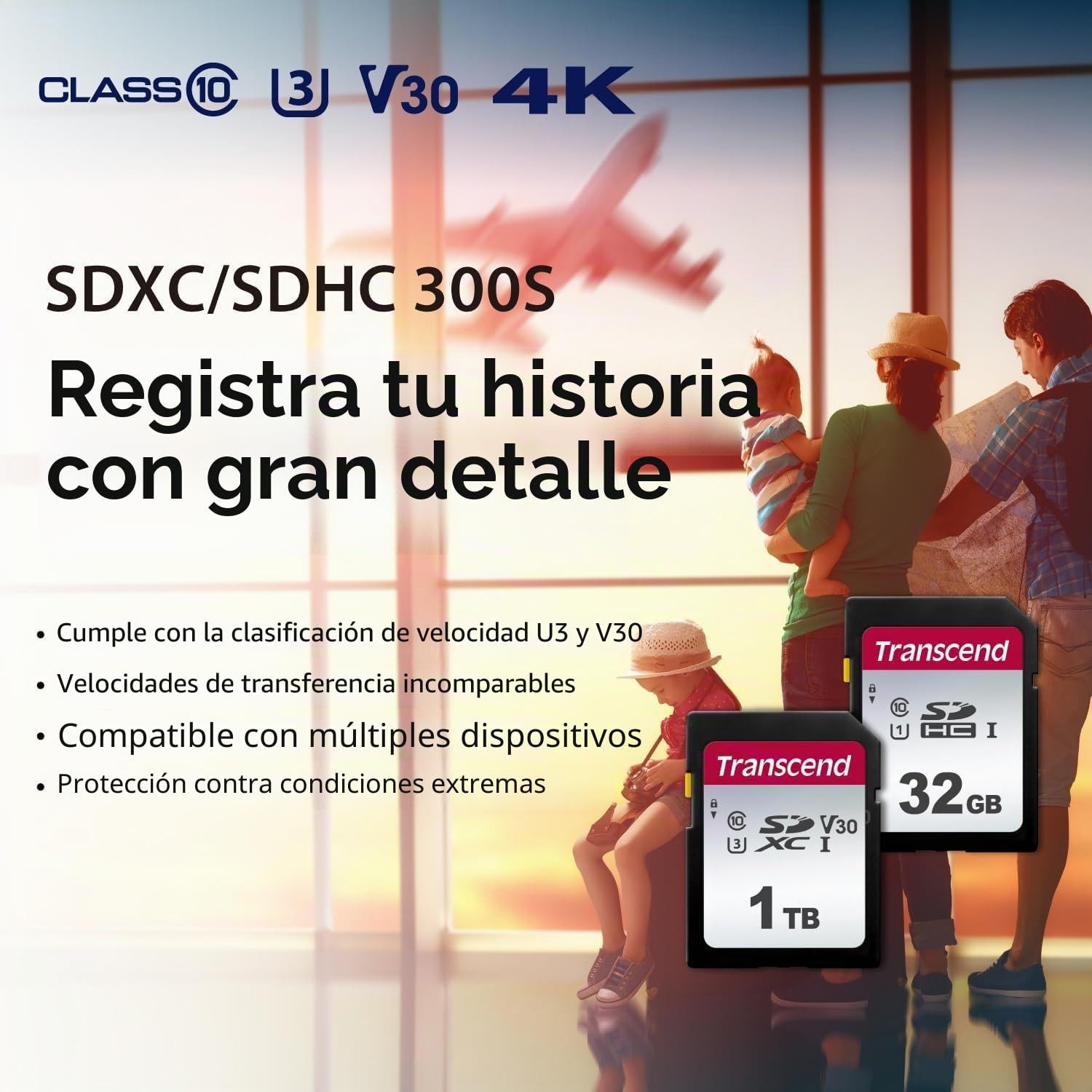 Transcend Tarjeta SDHC 32GB, U1 C10, 100MB/s, Full HD, para Cámaras Canon Nikon Sony Panasonic y Cámaras de Caza SPYPOINT TACTACAM WOSPORTS - TS32GSDC300S-E