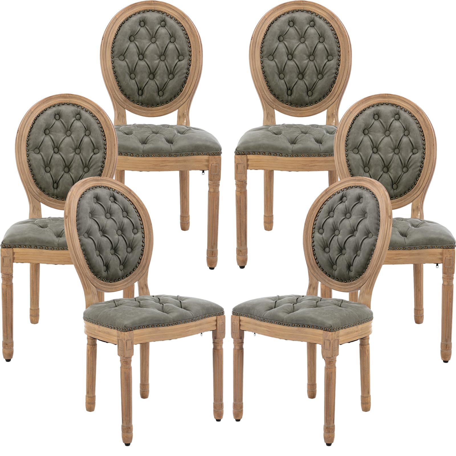 ODUSE-DAILY French Country Dining Chairs Set of 6, Olive Kitchen & Dining Room Chairs, Faux Leather Tufted Upholstered, Wood Legs, Sillas De Comedor (